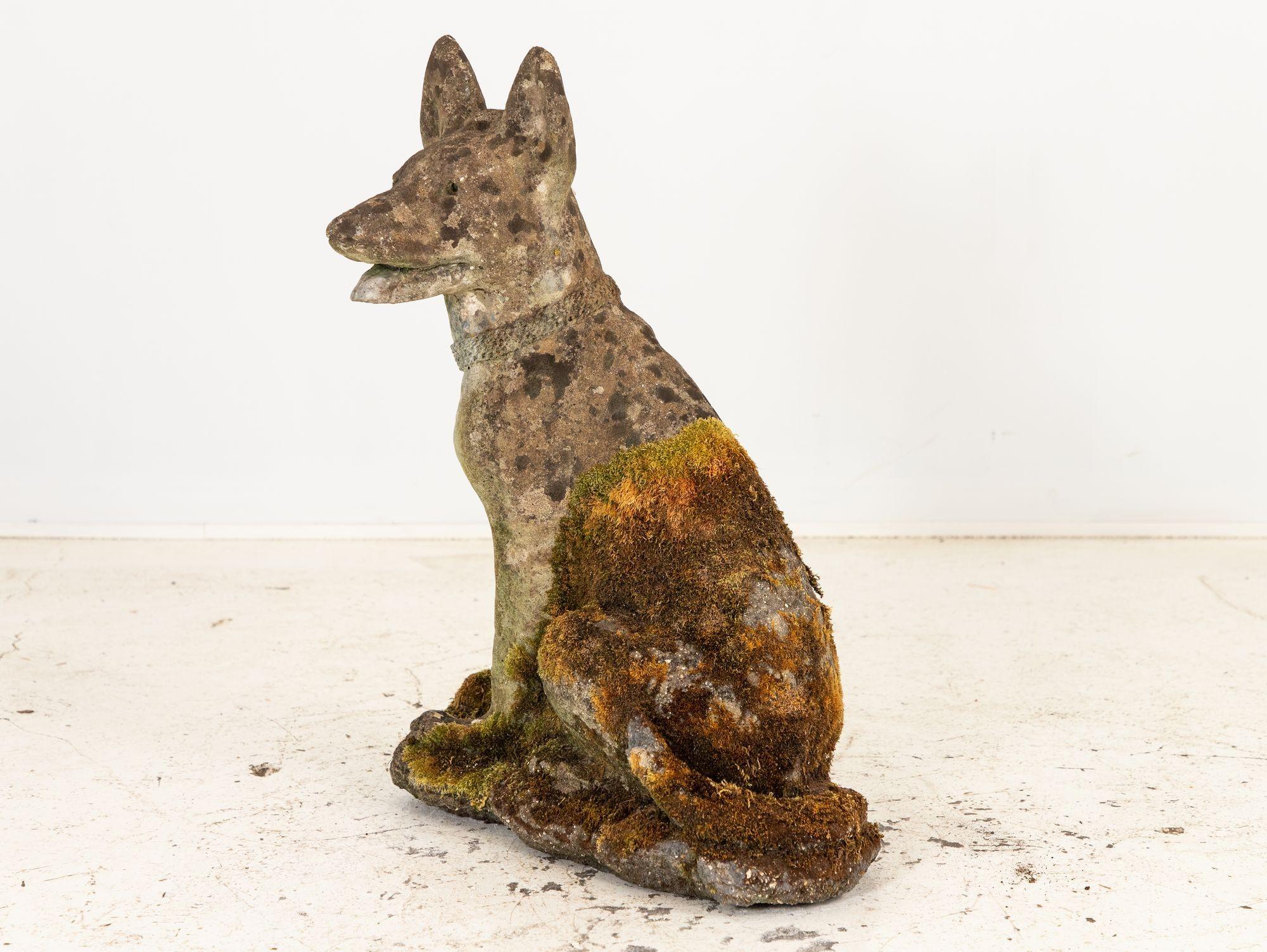This exquisite mid-20th-century concrete Shepherd dog, covered in moss, exudes timeless elegance with an honest patina. Crafted in England, it takes the form of a small shepherd, its alert expressions beautifully captured with lifelike detail. The
