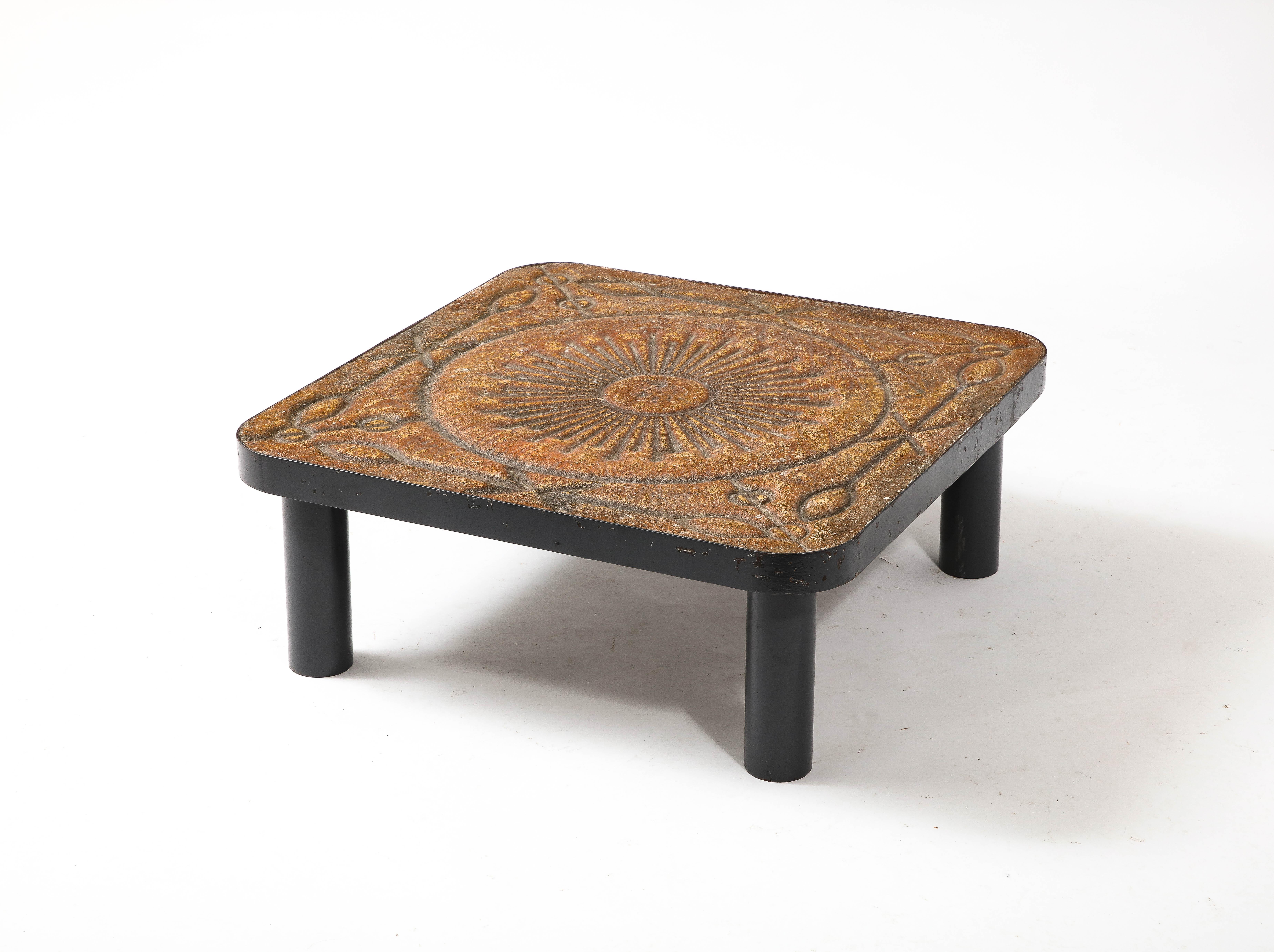 Steel and cast concrete coffee table, the concrete is dyed and patinated. Can be used outdoors. The legs can be removed for shipping.
