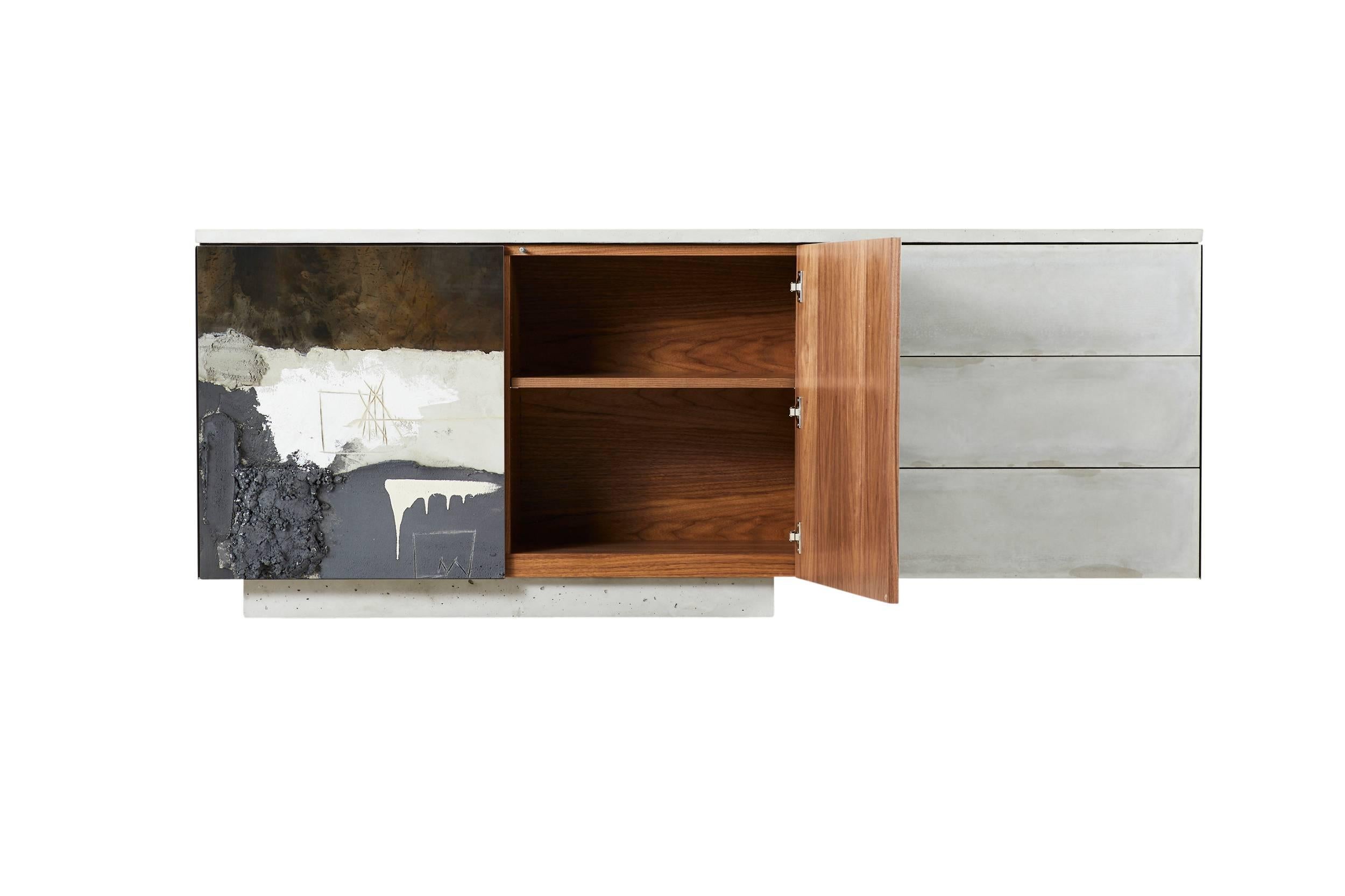Brutalist Concrete, Steel, Wood, Painted C-210 Cantilevered Credenza with Art Faces