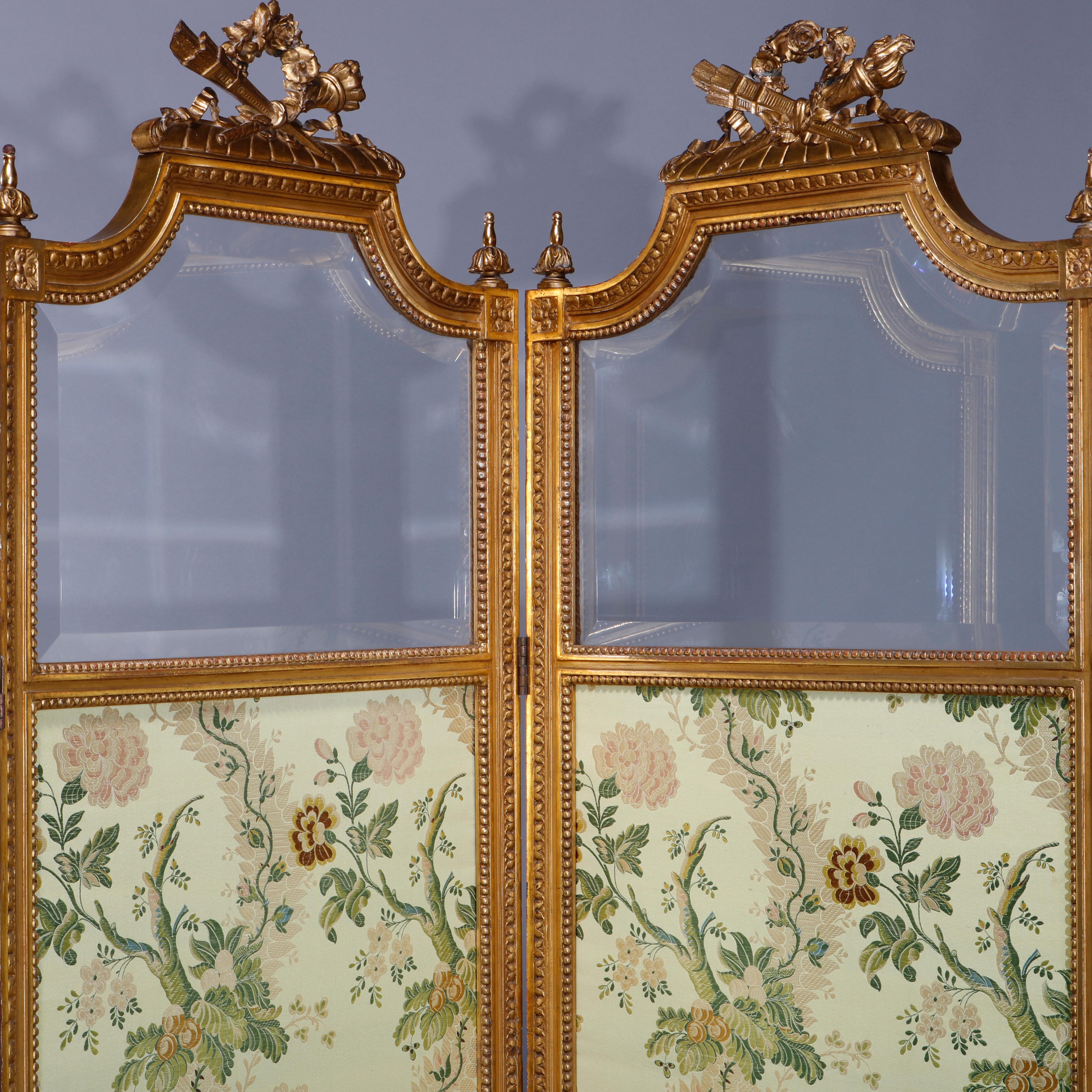19th Century Antique French Empire Giltwood & Beveled Glass 3-Panel Dressing Screen 19th C