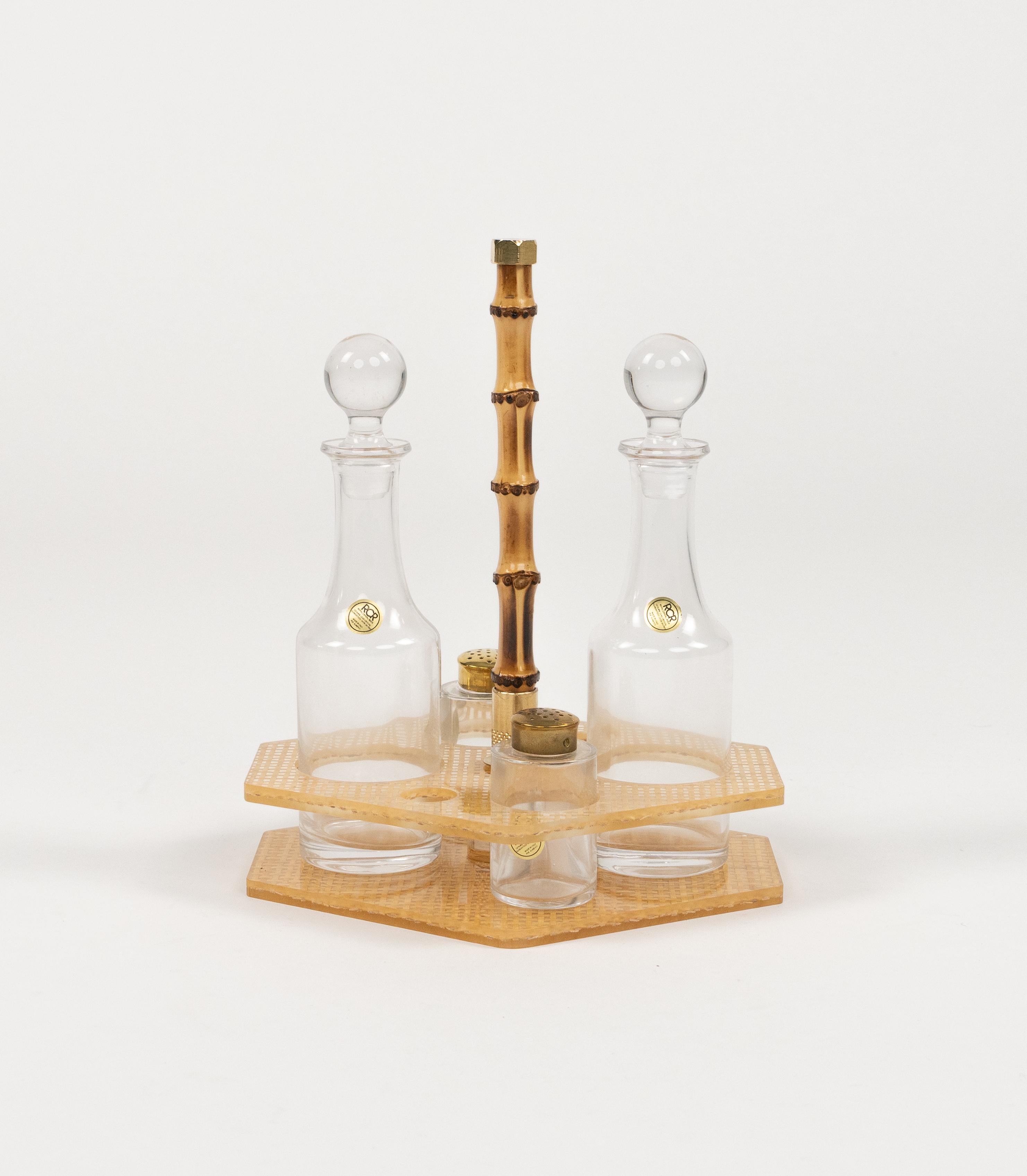 Mid-Century Modern Condiment Set Lucite, Wicker and Crystal  Christian Dior Style, Italy 1970s For Sale