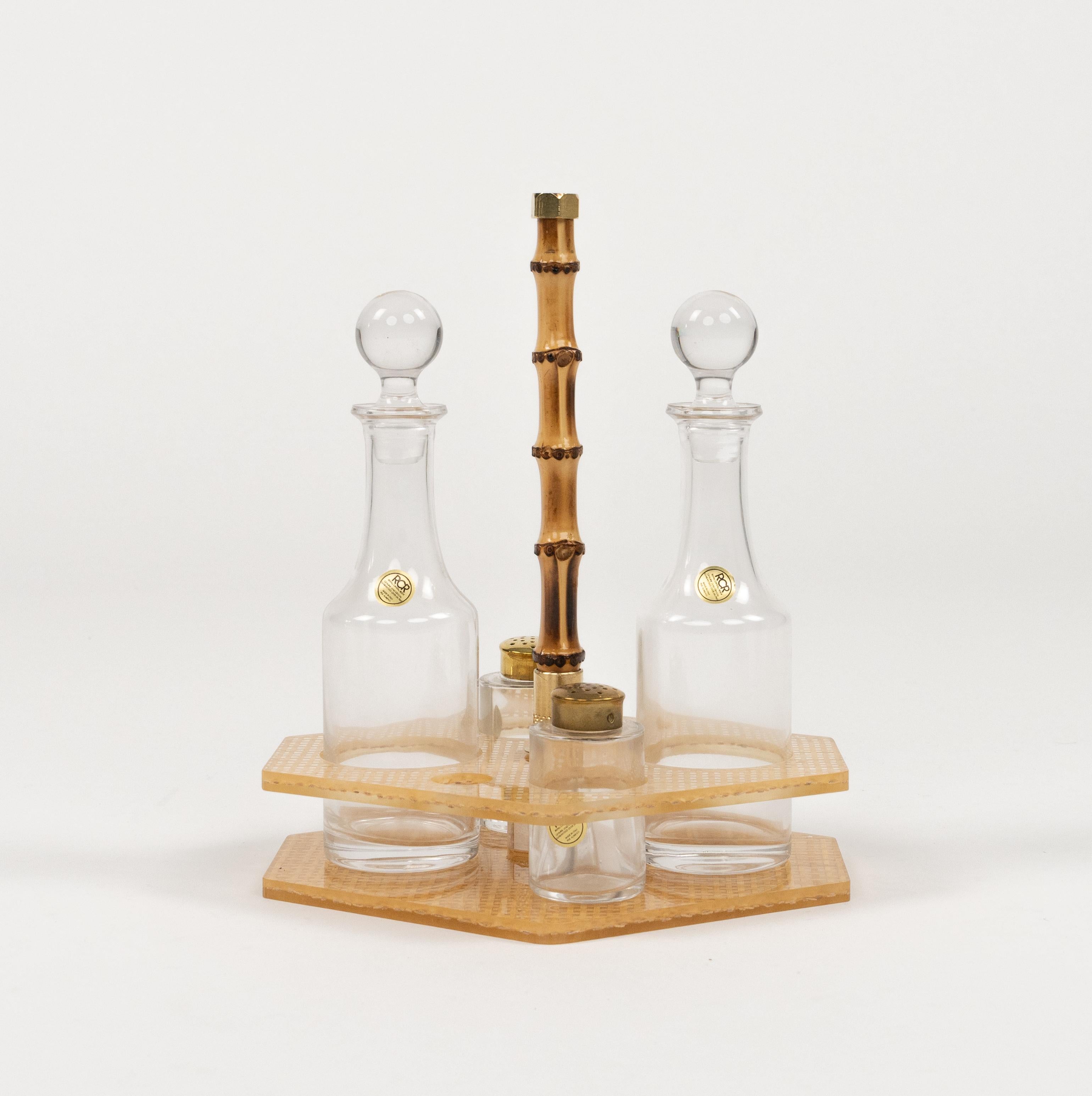 Italian Condiment Set Lucite, Wicker and Crystal  Christian Dior Style, Italy 1970s For Sale