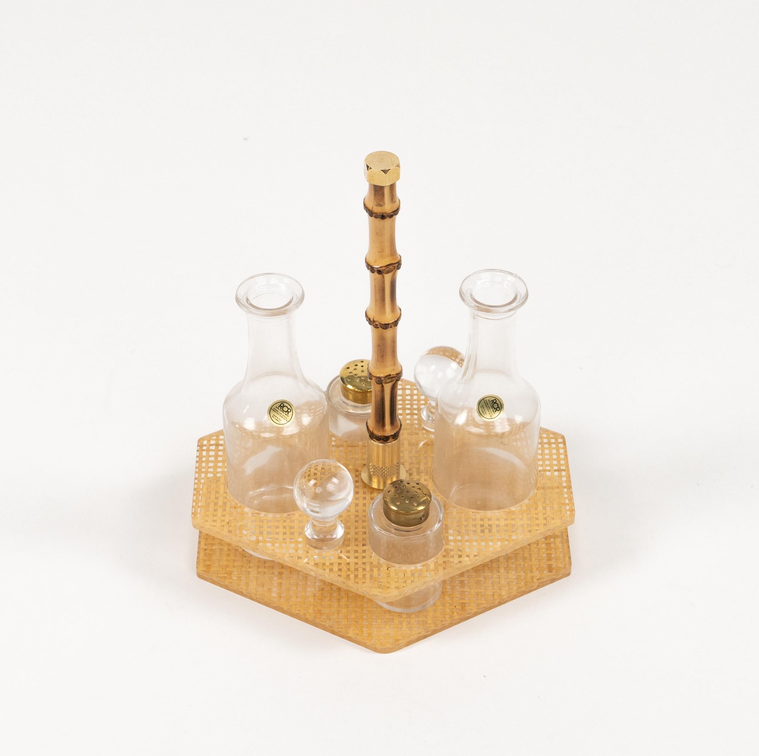 Condiment Set Lucite, Wicker and Crystal  Christian Dior Style, Italy 1970s In Good Condition For Sale In Rome, IT