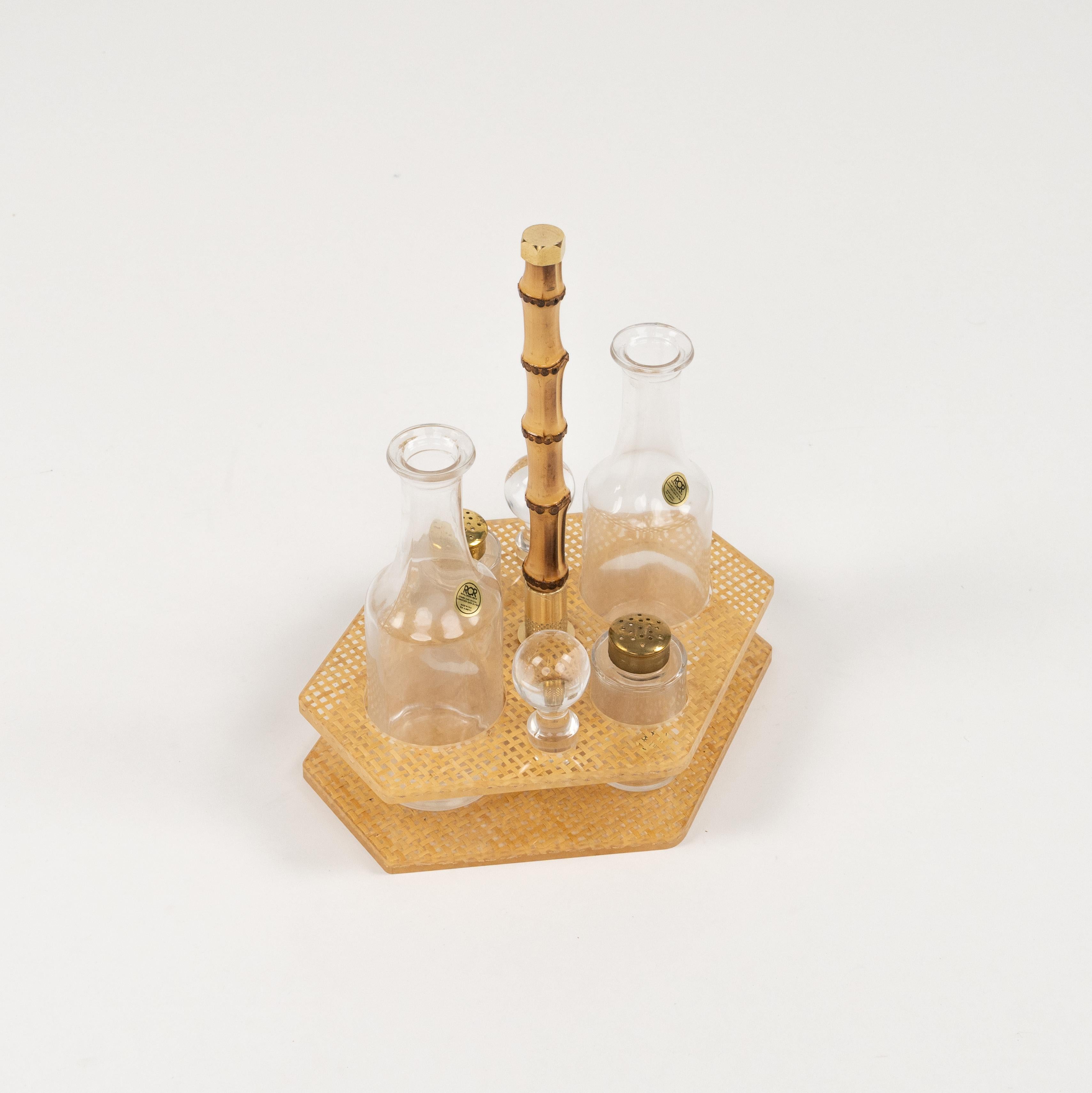 Metal Condiment Set Lucite, Wicker and Crystal  Christian Dior Style, Italy 1970s For Sale