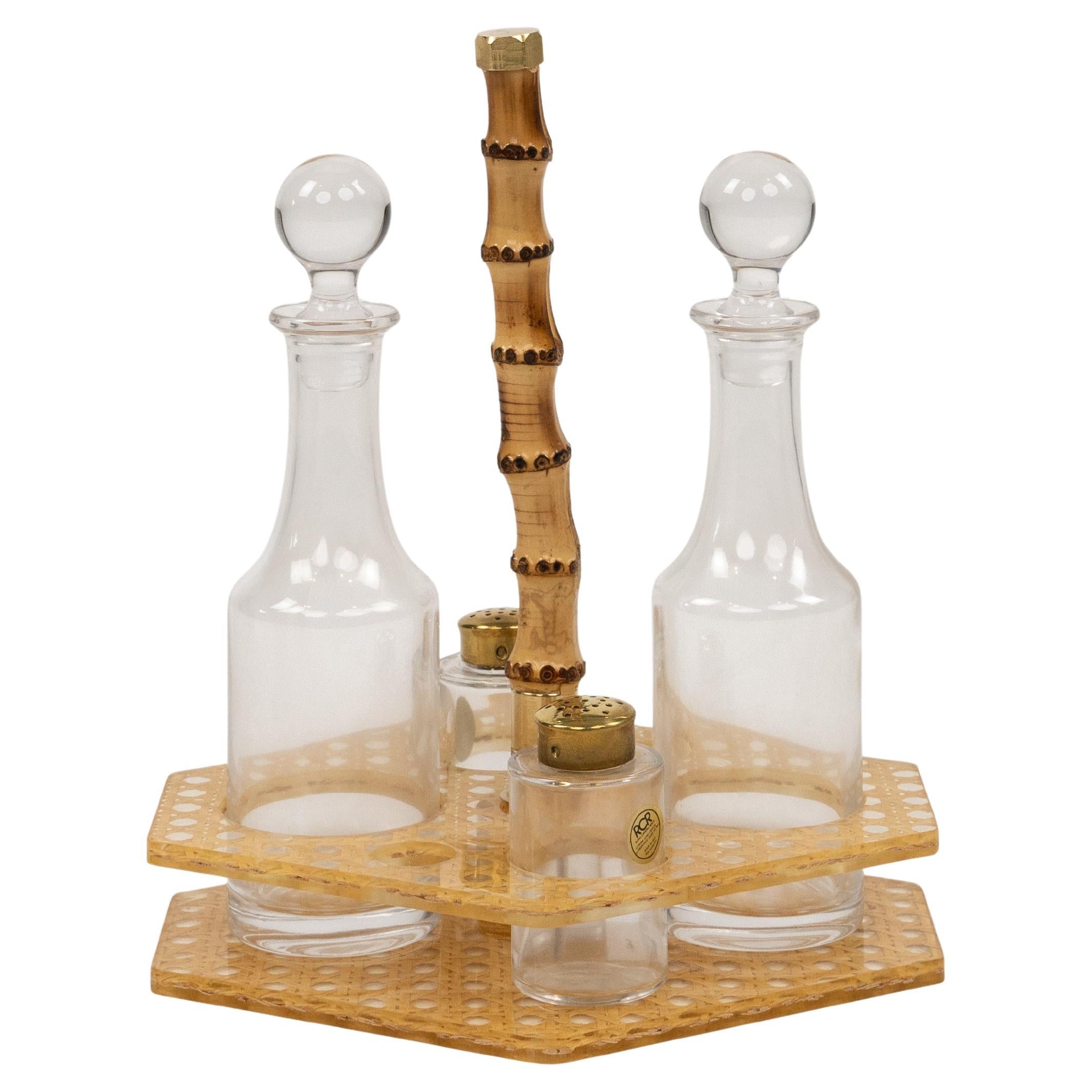 Juego de Condimentos Lucite, Mimbre y Cristal Estilo Christian Dior, Italia Años 70