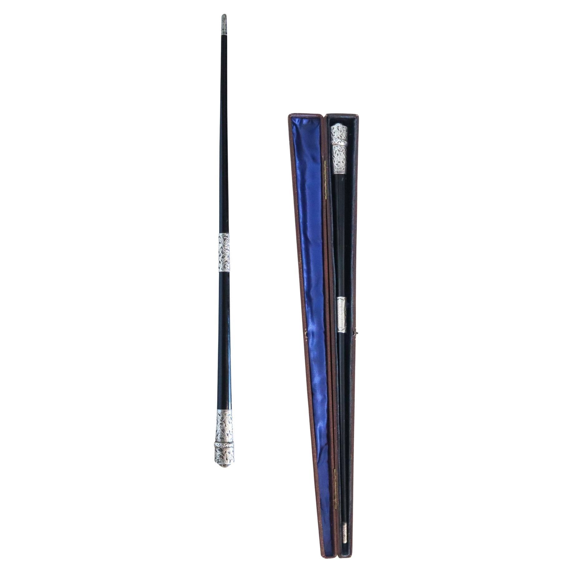CONDUCTOR'S BATON 1893 Antique Ebony Wood And .925 Sterling Silver In Case For Sale