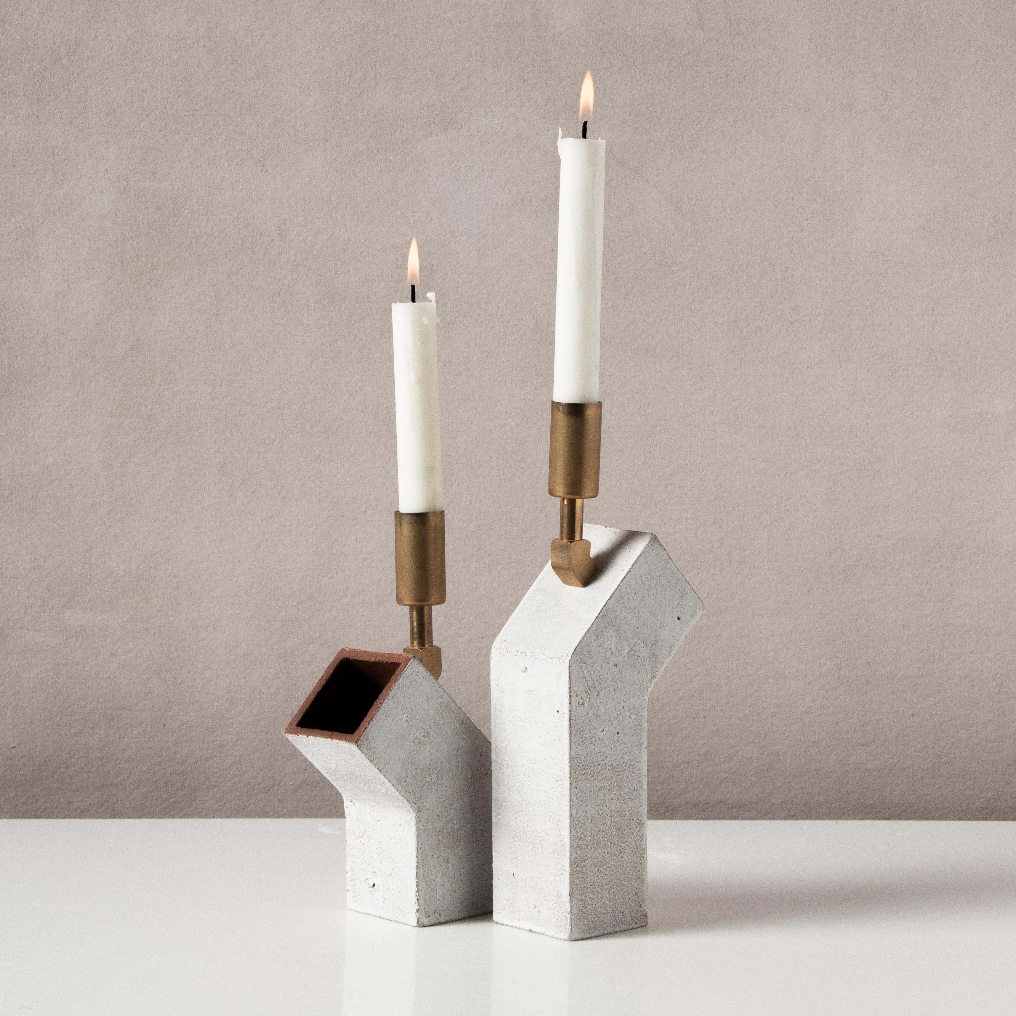 Modern Conduit Ceramic and Brass Pair of Brutalist Candlesticks For Sale