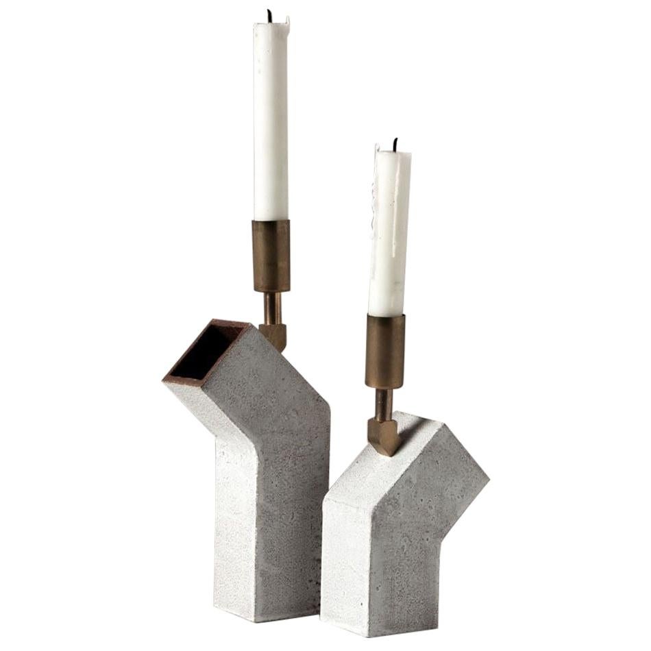 Conduit Ceramic and Brass Pair of Brutalist Candlesticks For Sale