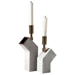 Conduit Ceramic and Brass Pair of Brutalist Candlesticks