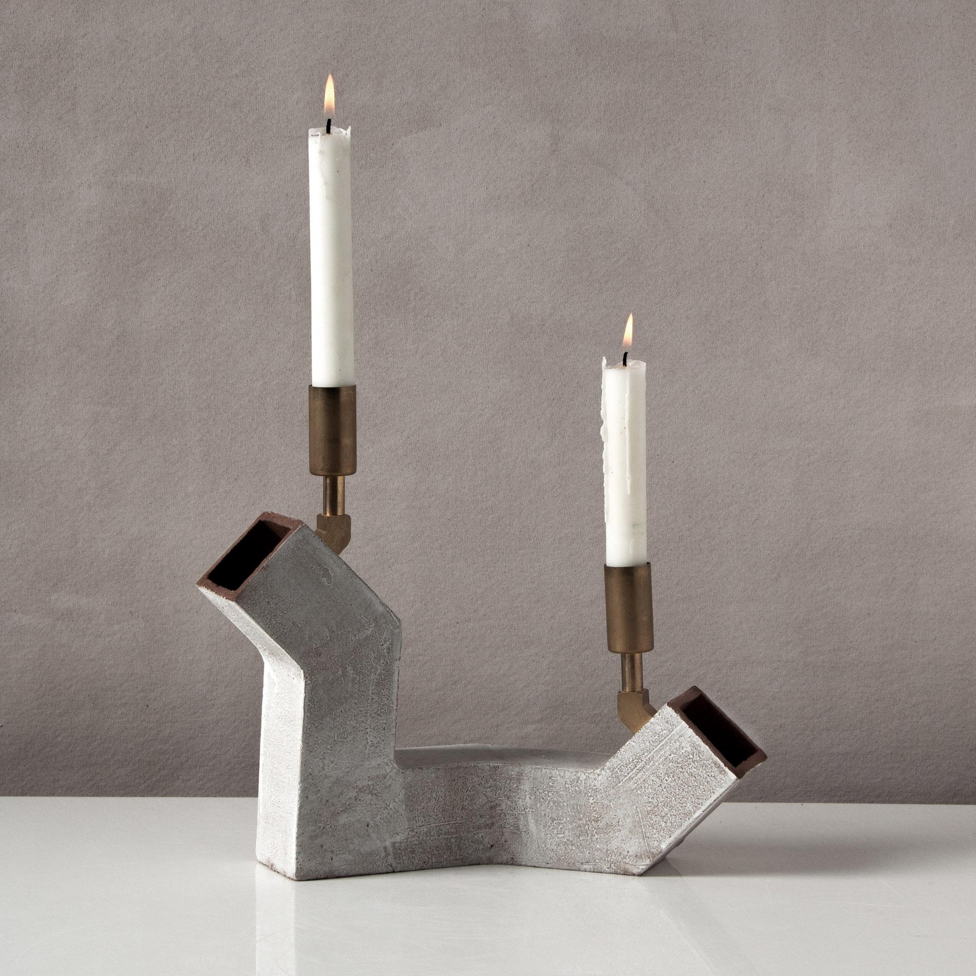 Modern Conduit Duo - Ceramic and Brass Brutalist Candelabra For Sale