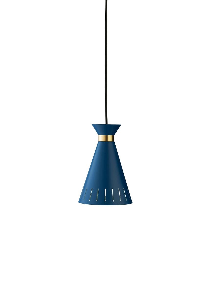Cone Azure Blue Pendant by Warm Nordic
Dimensions: D16x W16 x H23 cm
Material: Lacquered steel, Solid brass
Weight: 1 kg
Also available in different colours.

A classic pendant with charm, finesse and an elegant, solid brass ring, designed in the