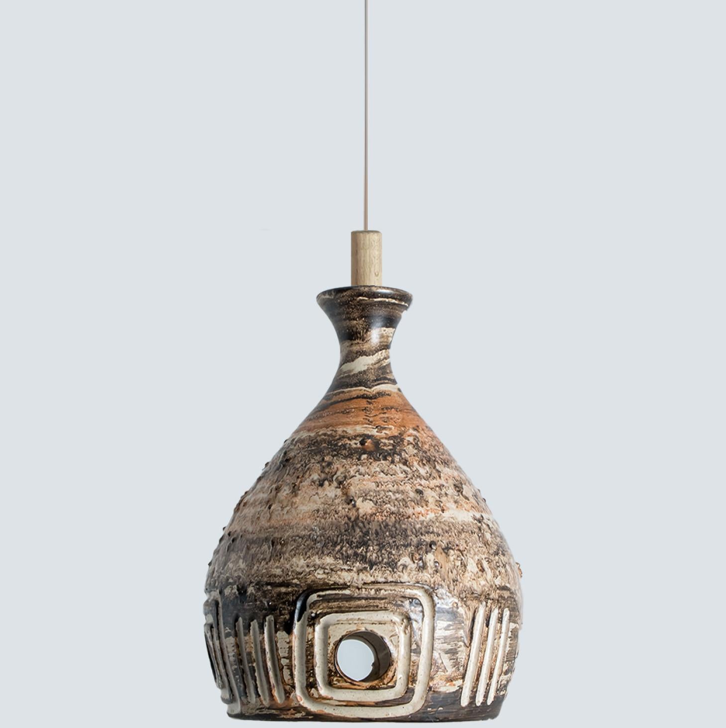 Other Cone Brown Beige Terra Ceramic Pendant Light, Denmark, 1970 For Sale