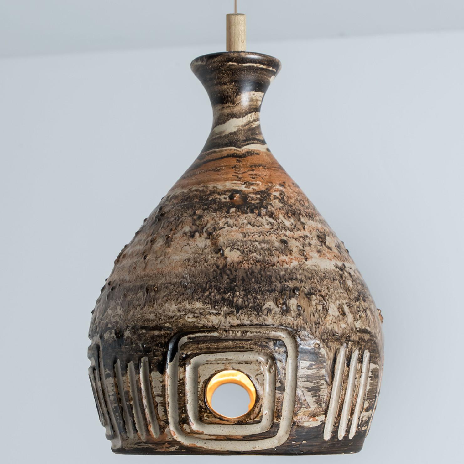Cone Brown Beige Terra Ceramic Pendant Light, Denmark, 1970 For Sale 1