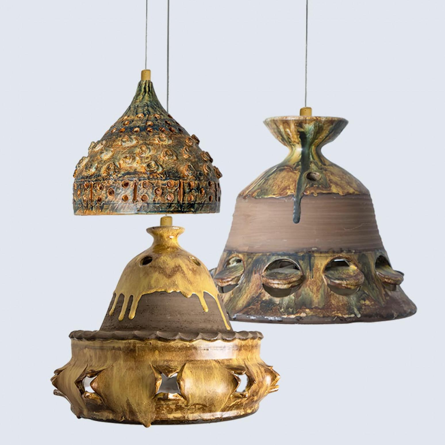 Lampada a sospensione in ceramica verde marrone a cono, Danimarca, 1970 in vendita 11