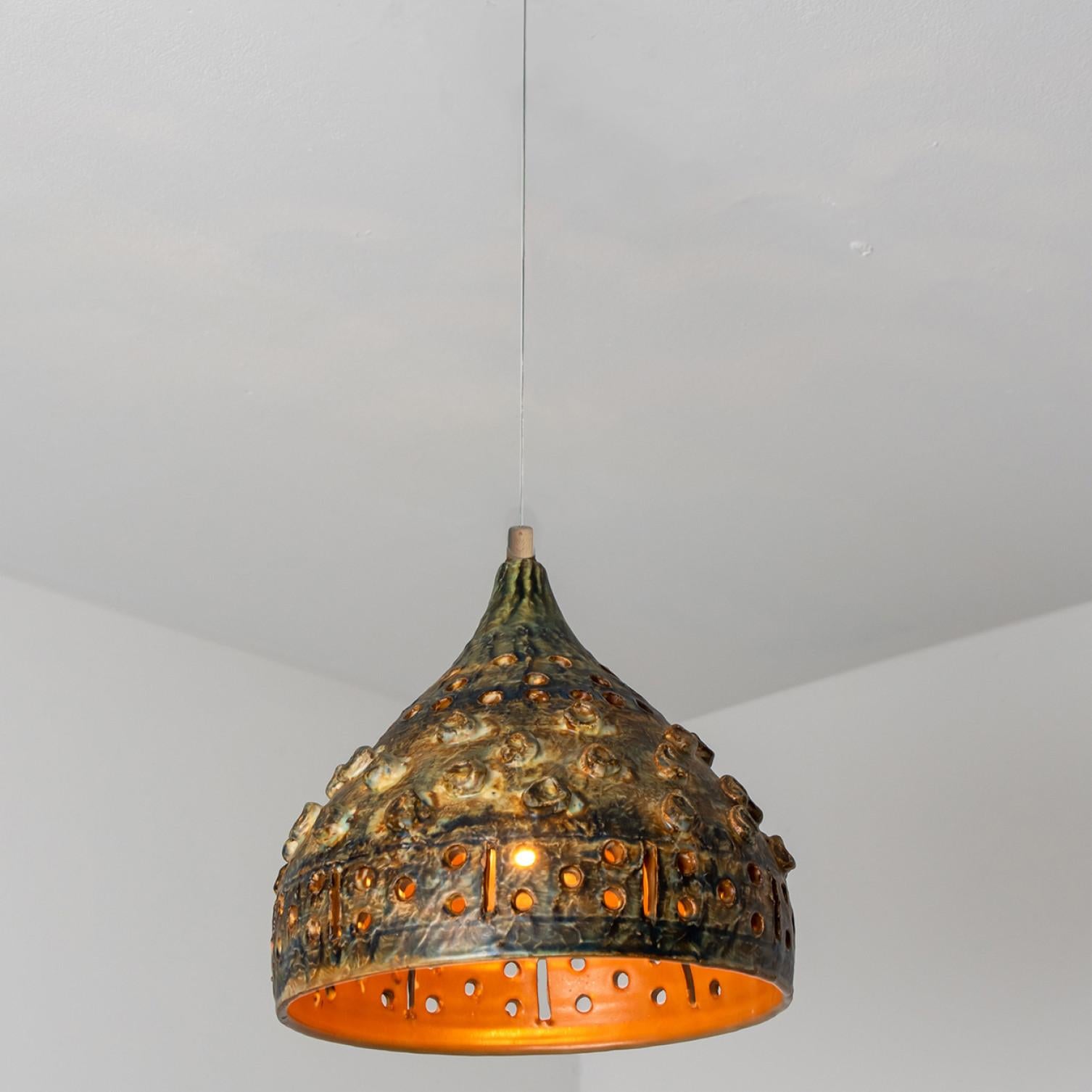 Other Cone Brown Green Ceramic Pendant Light, Denmark, 1970 For Sale