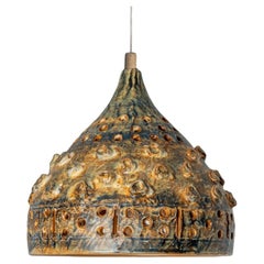 Cone Brown Green Ceramic Pendant Light, Denmark, 1970