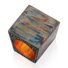 Cone Cube 8k Gold and Oxidised Silver Ring with Pave Black Diamonds