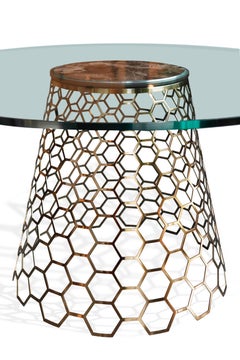 Cone Dining Table, Metal Honeycomb Base Paired, Accent Marble Sits Under Glass
