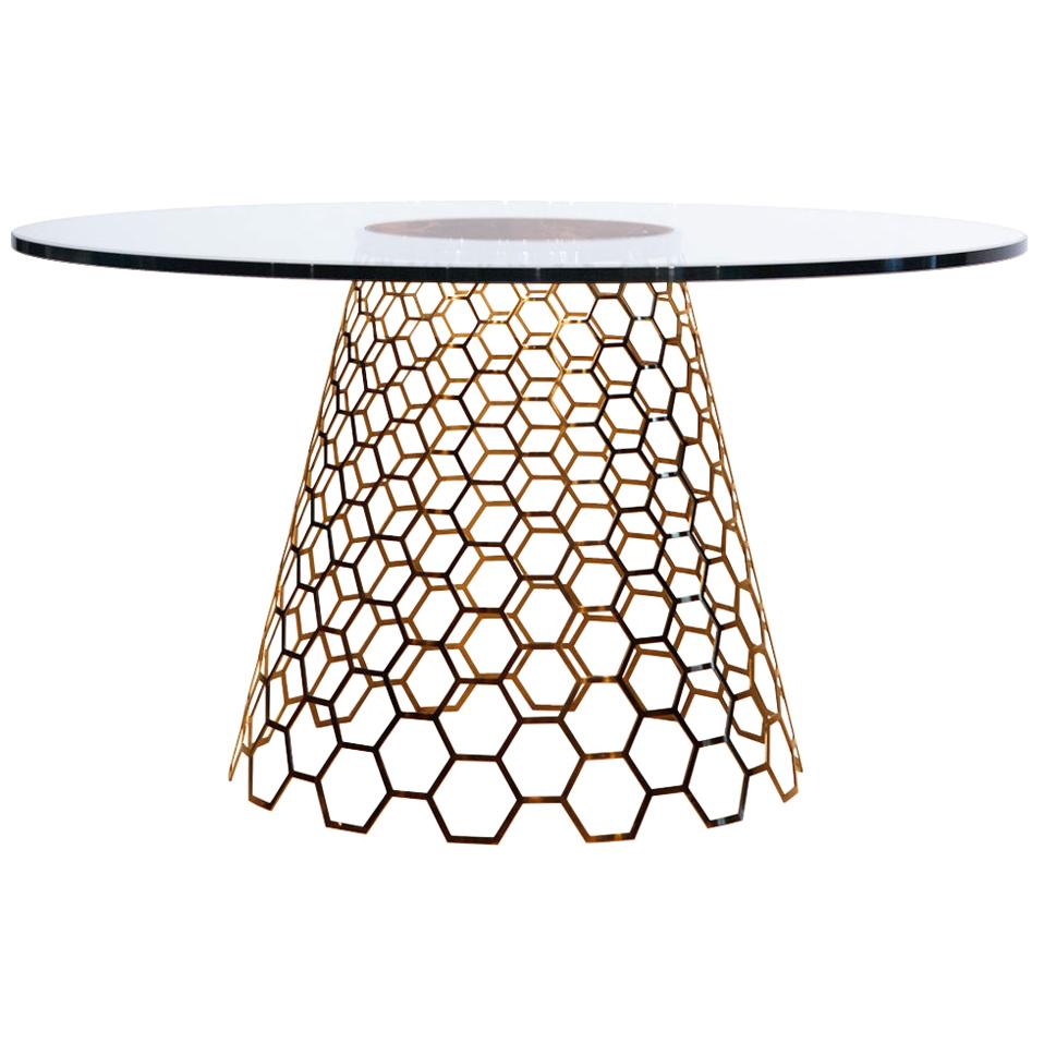 Cone Dining Table, Metal Honeycomb Base Paired, Accent Marble Sits Under Glass For Sale