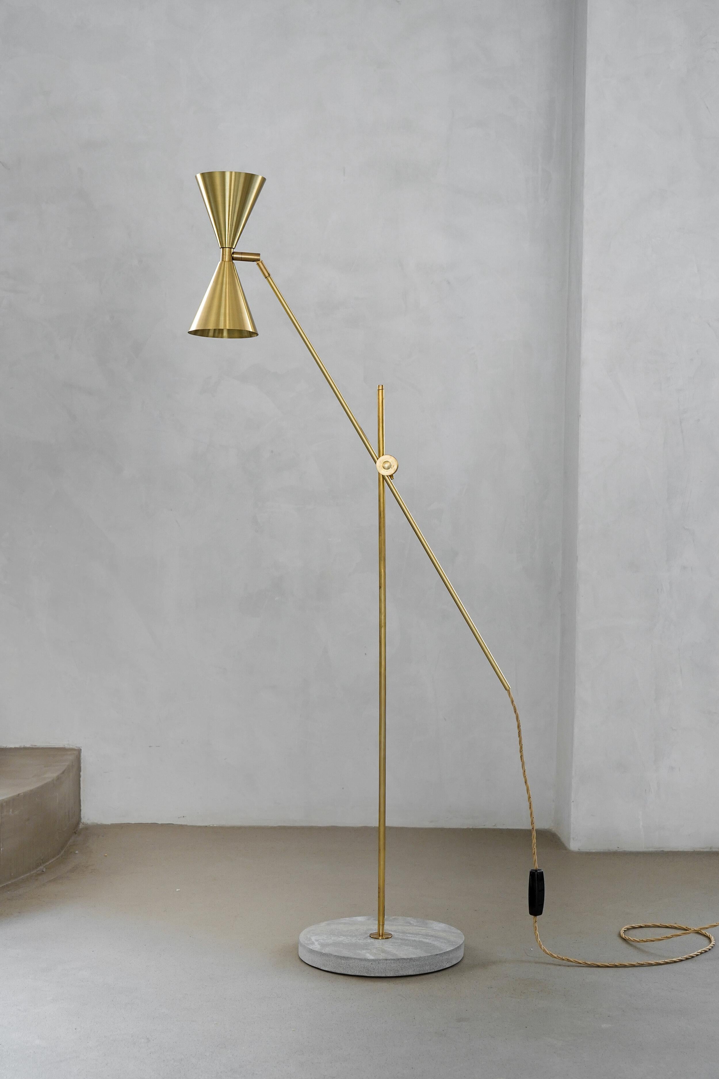 Cone Double Floor Lamp by Contain
Dimensions: D12 x H130cm 
Materials: Brass structure, opal glass and stone base.
Also available in different finishes.

All our lamps can be wired according to each country. If sold to the USA it will be wired