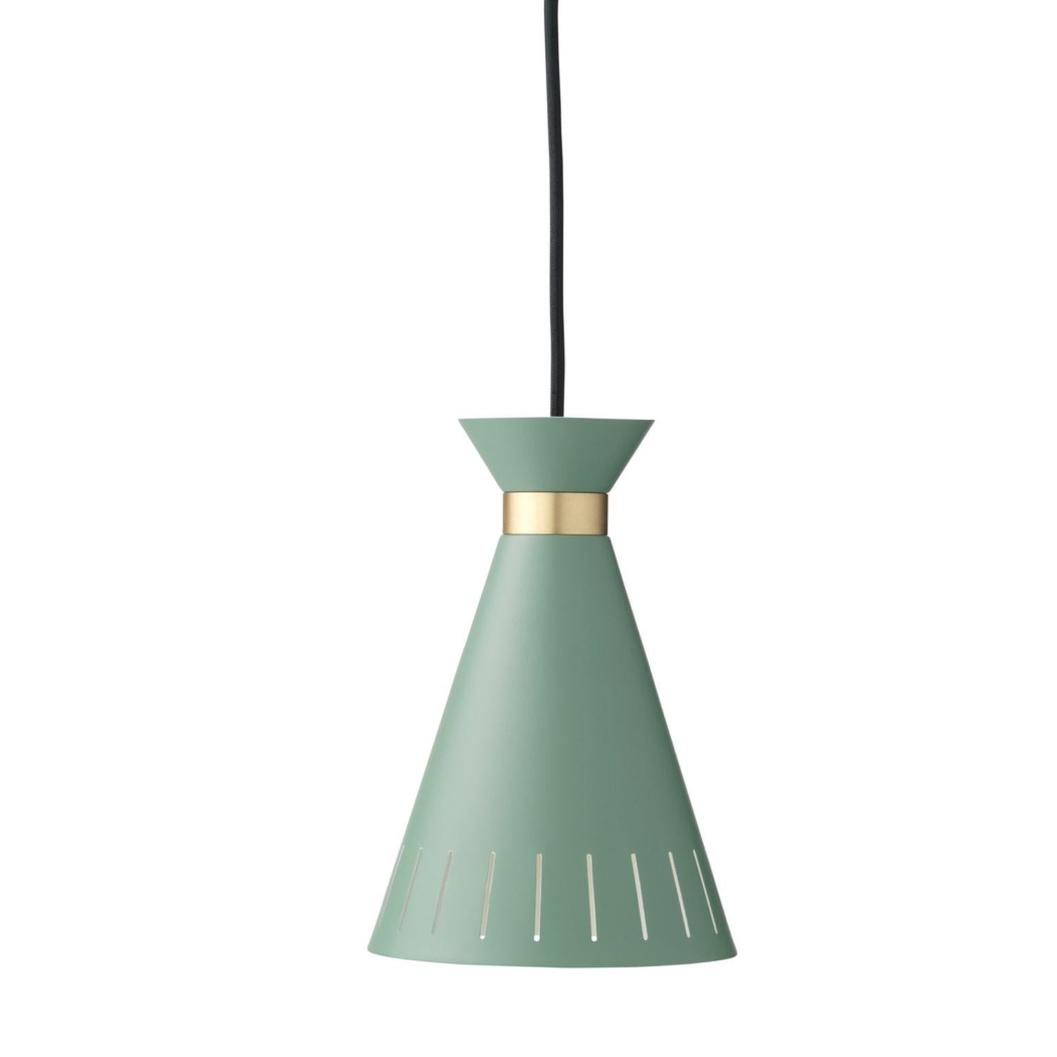 Cone Dusty green pendant by Warm Nordic
Dimensions: D 16x W 16 x H23 cm
Material: Lacquered steel, Solid brass
Weight: 1 kg
Also available in different colours.

A classic pendant with charm, finesse and an elegant, solid brass ring, designed