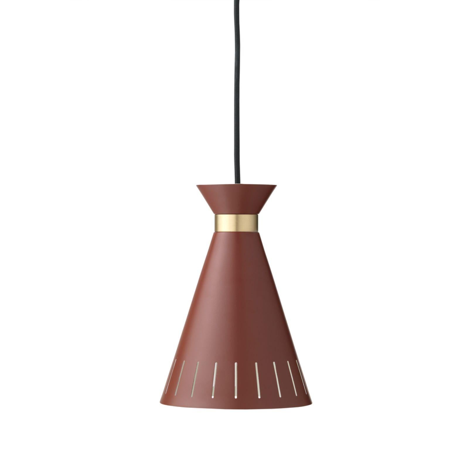 Cone Oxide red pendant by Warm Nordic
Dimensions: D 16x W 16 x H 23 cm
Material: Lacquered steel, Solid brass
Weight: 1 kg
Also available in different colours.

A classic pendant with charm, finesse and an elegant, solid brass ring, designed