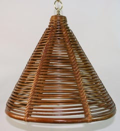 Bent Rattan Pendant Light, Hand-Crafted 1970s Cone Shape Antique