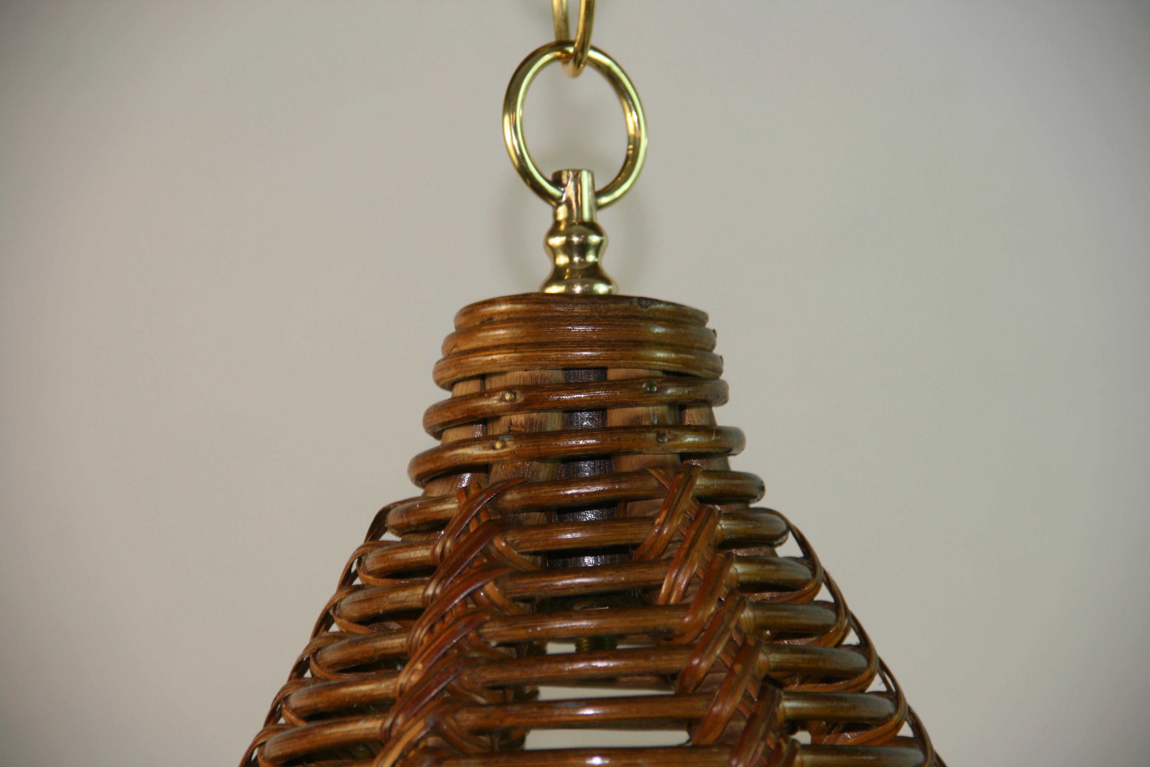 Cone Shaped Bent Rattan Pendant In Good Condition For Sale In Douglas Manor, NY