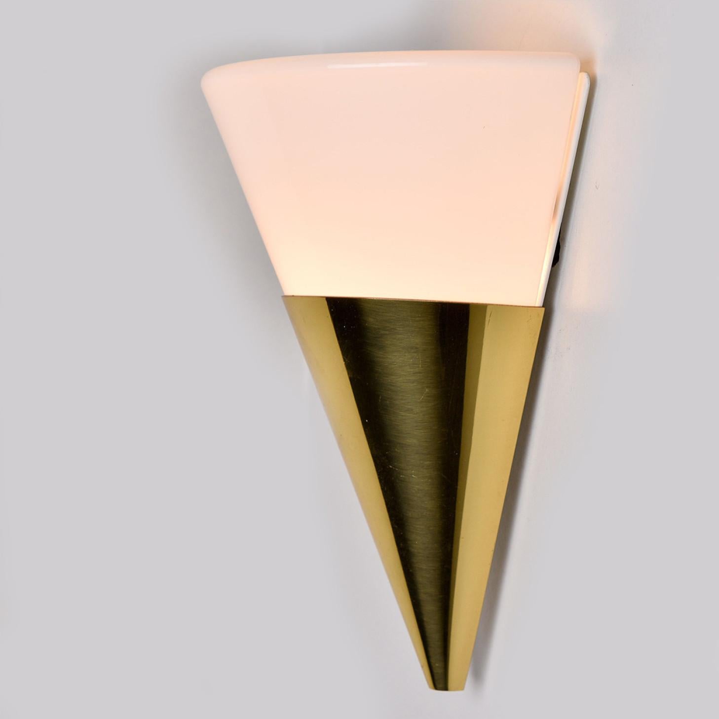 Brass Cone Shaped White Opaque Glass Wall Lights by Glashütte Limburg For Sale