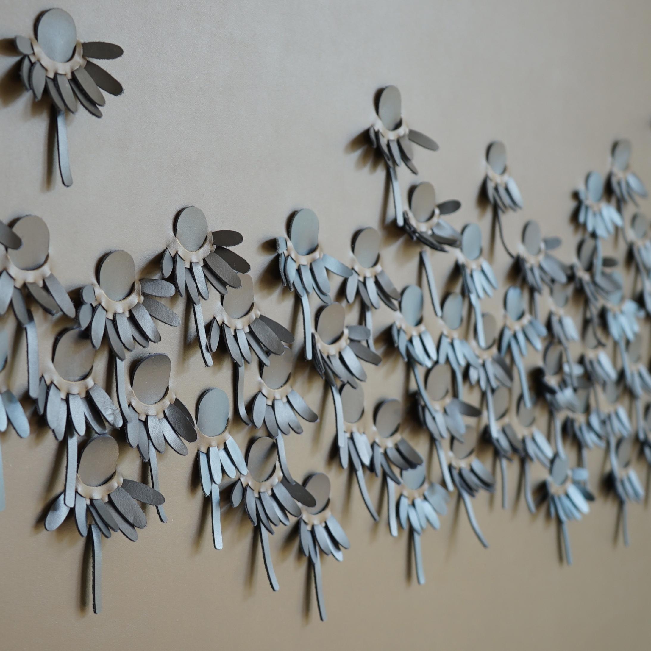 Modern Coneflower: A Piece of 3D Sculptural Blue and Brown Leather Wall Art For Sale