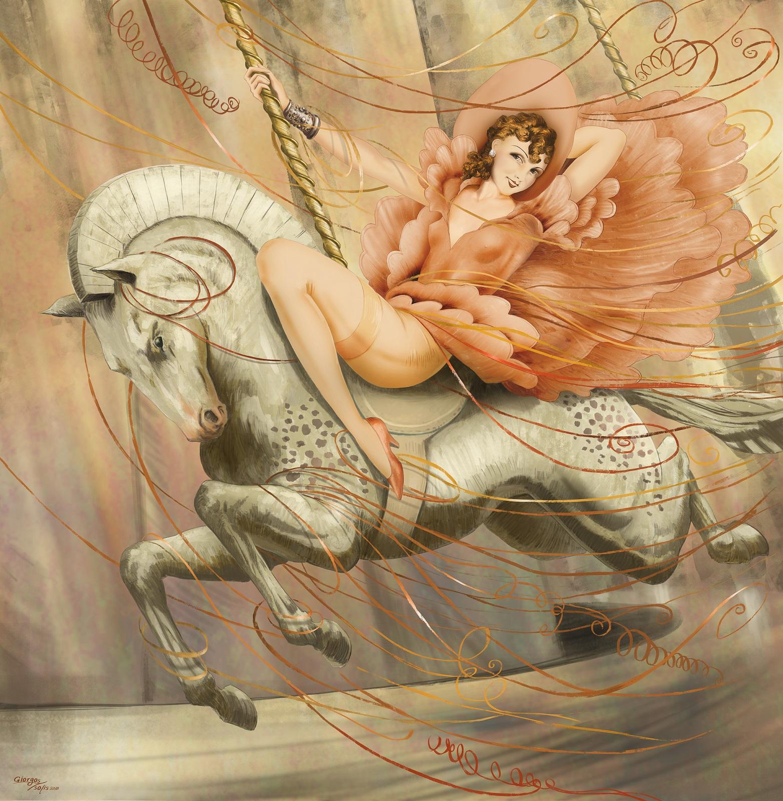 Greek Coney Island Carousel, after Oil Painting by Louis Icart, Modern Expressionist For Sale