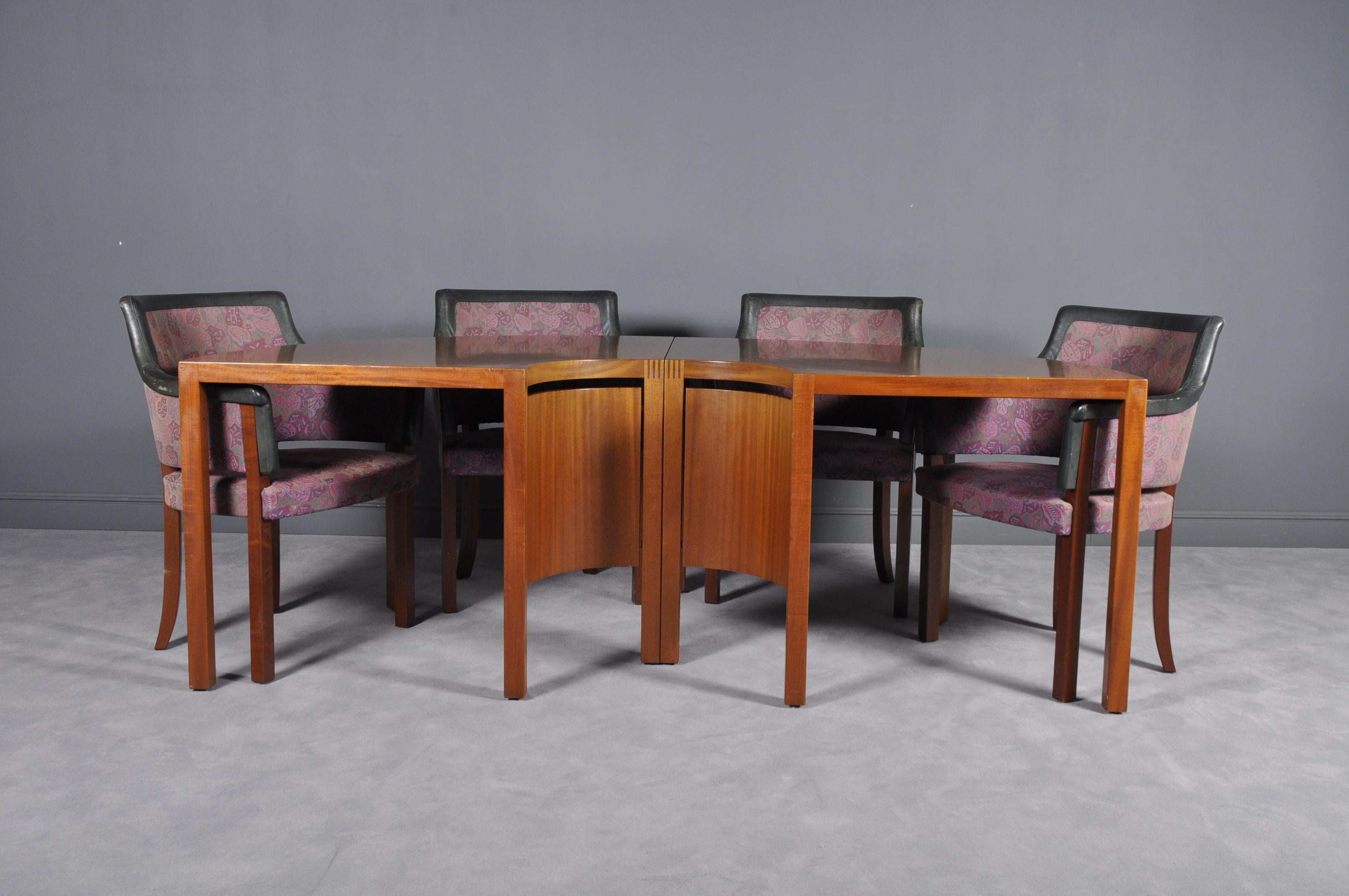 Measures: Conference table-D 200 / H 70 cm

Chairs-W 60 / D 60 / H 85 cm, seat H 45 cm

Executive chair-W 60 / D 60 / H 95 cm, seat H 45 cm

Set of four-piece sectional conference table and eight “Riksdagen” chairs designed by Åke Axelsson for