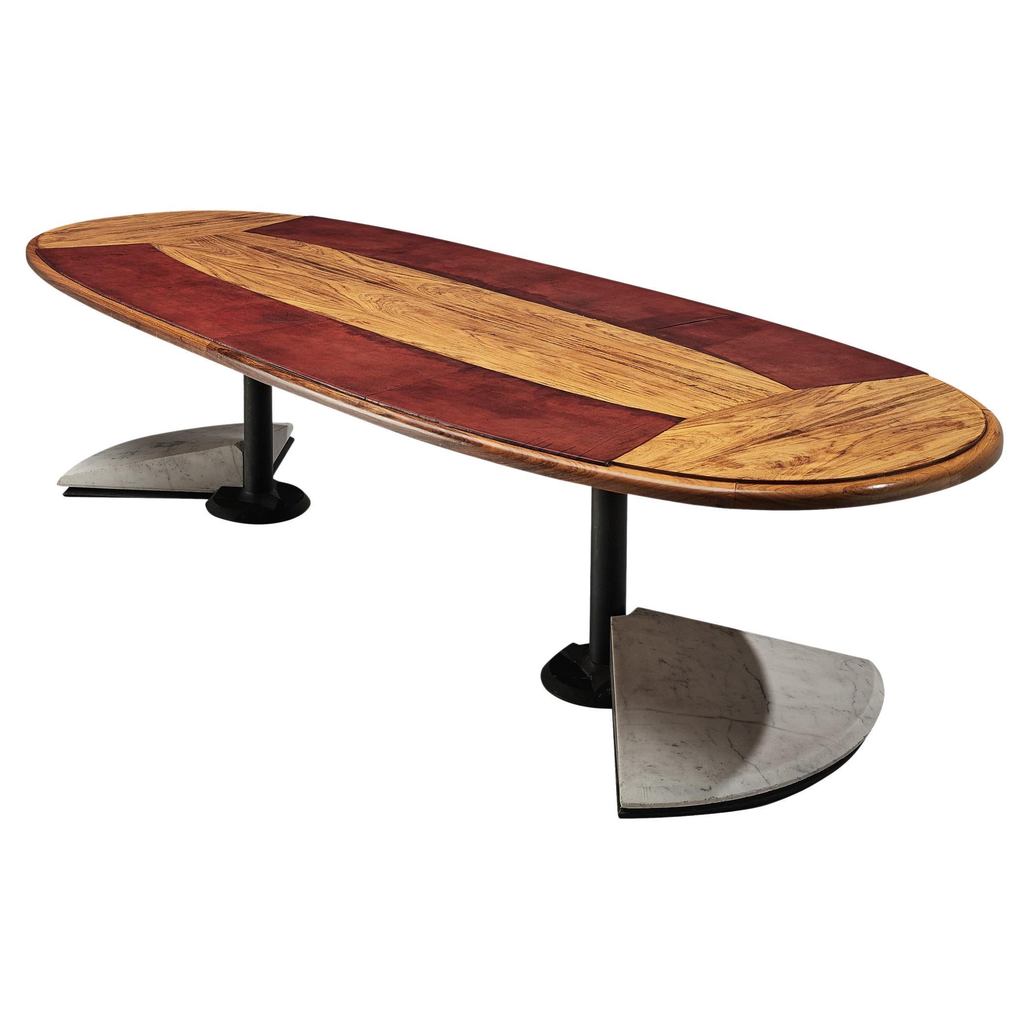 Conference Table in Walnut, Carrara Marble and Red Leather  For Sale