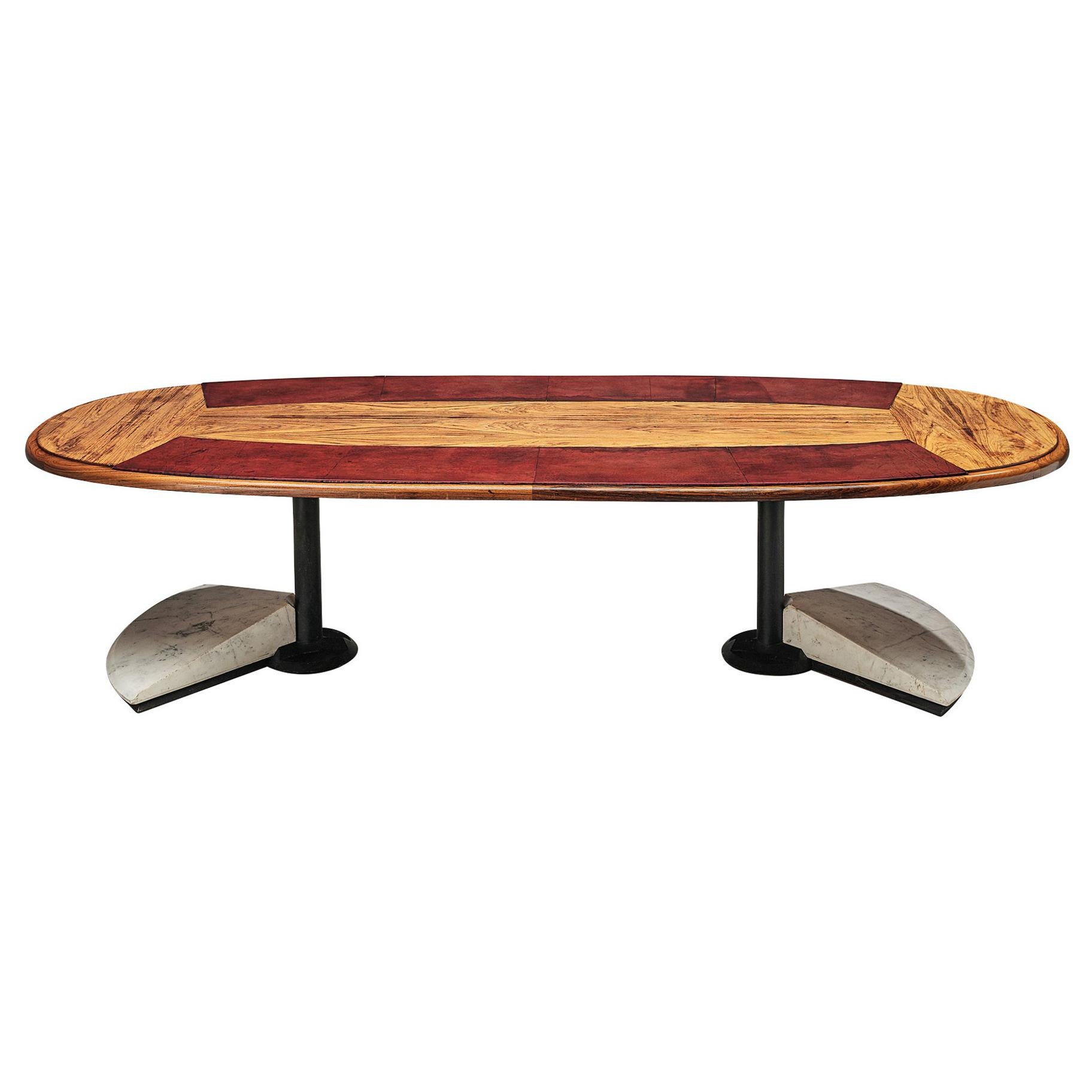 Conference Table in Walnut, Marble and Red Leather