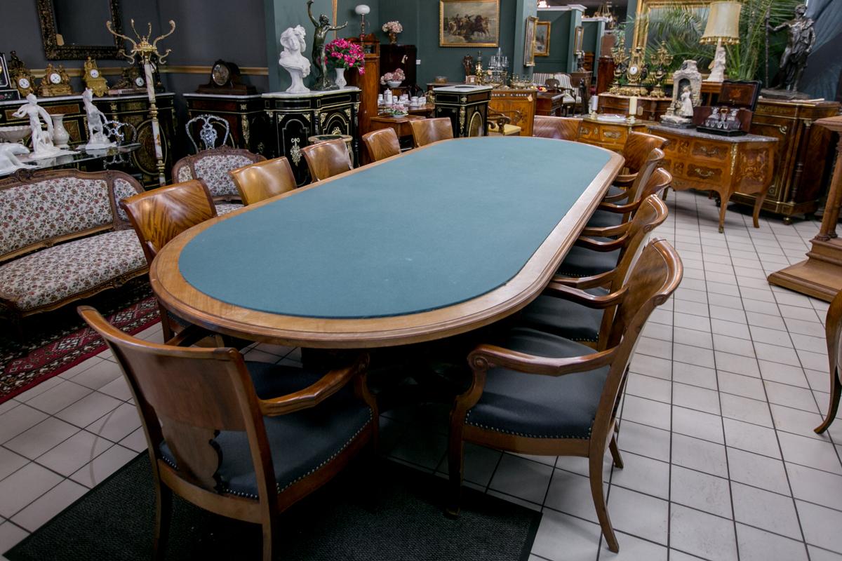 Unique conference table upholstered with green material, in very good condition.
12 armchairs in set, changing the upholstery included in the price.
 