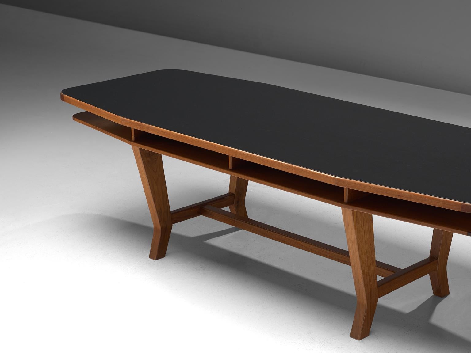 Mid-Century Modern Conference Table with Black Top and Solid Walnut Frame