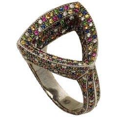 Confetti Rainbow Diamond Geometric Trilogy Ring 18 Karat Blackened Gold