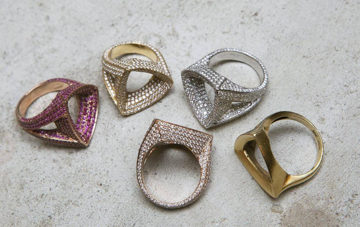 Confetti Rainbow Diamond Geometric Trilogy Ring 18 Karat Blackened Gold 1