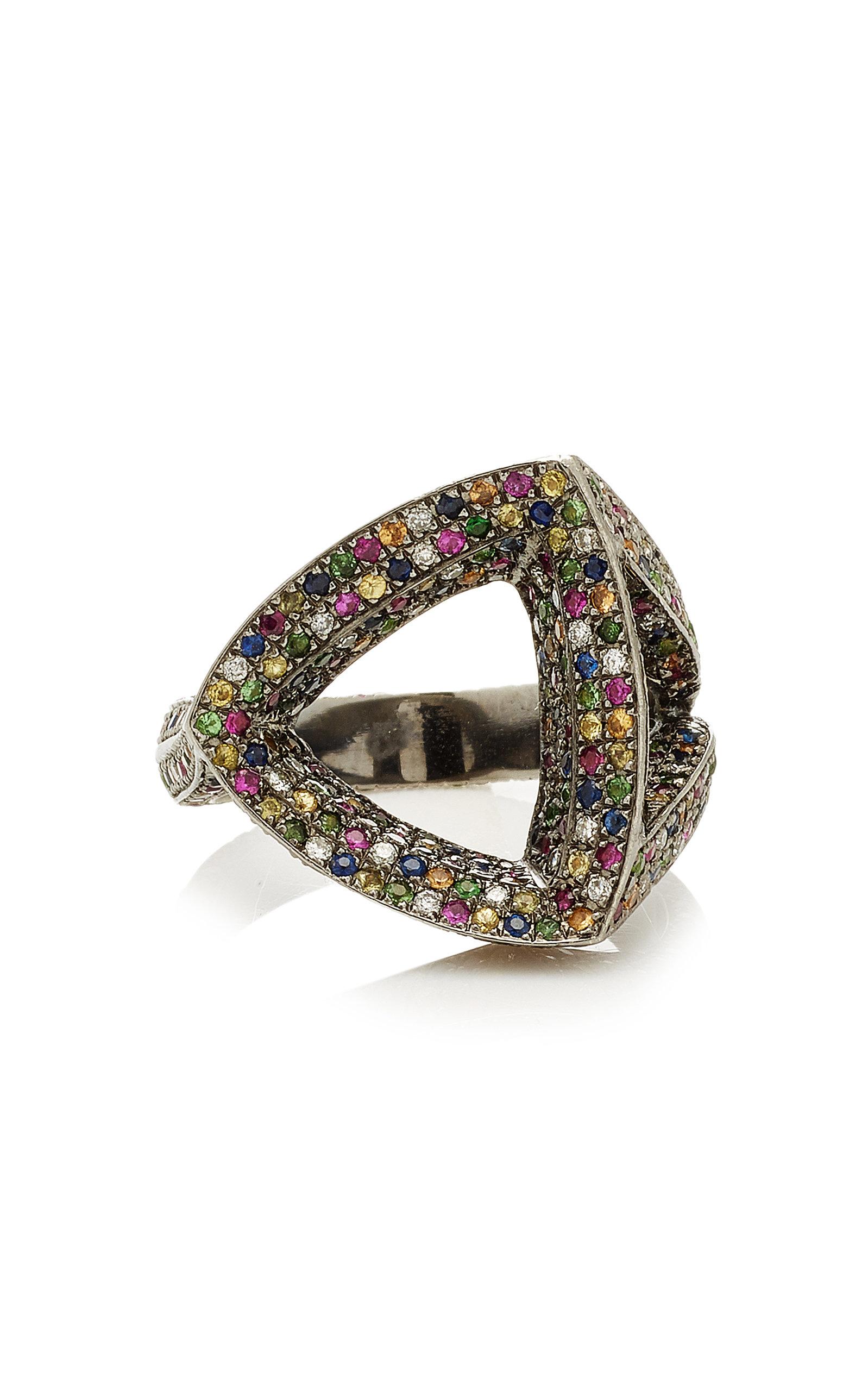 Contemporary Confetti Rainbow Diamond Geometric Trilogy Ring 18 Karat Blackened Gold