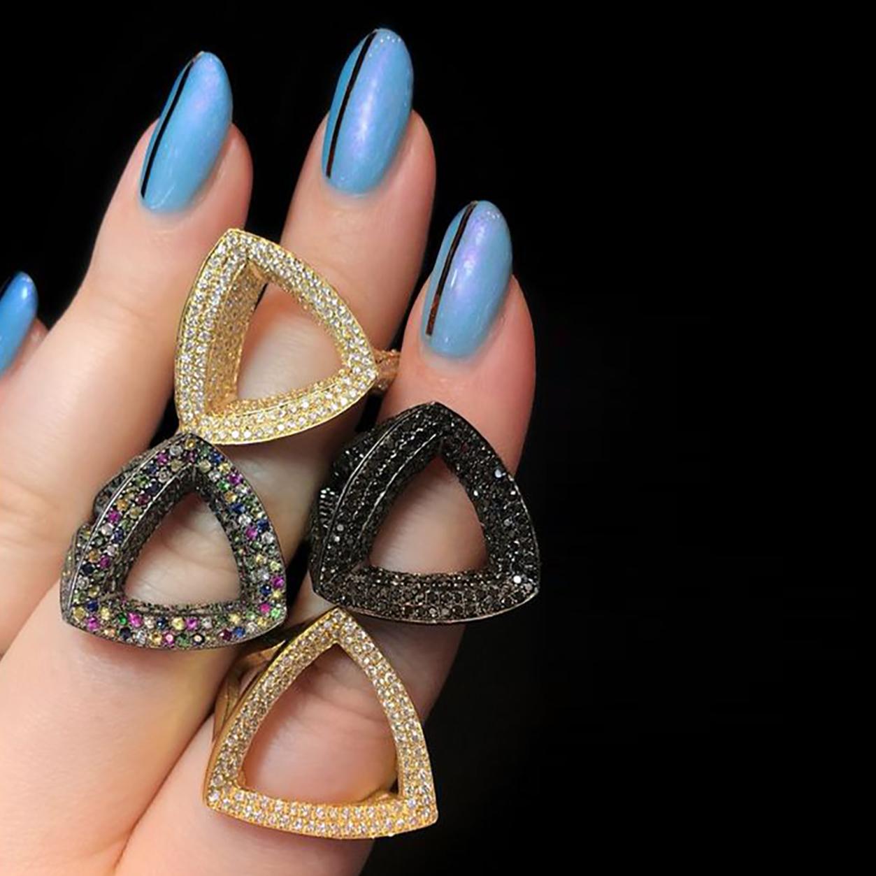 Women's or Men's Confetti Rainbow Diamond Geometric Trilogy Ring 18 Karat Blackened Gold