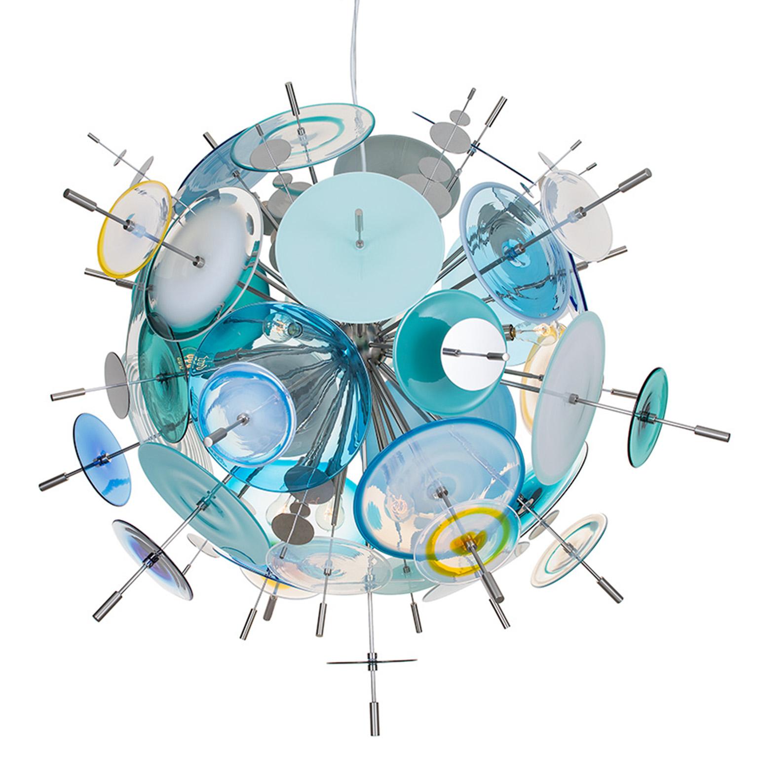 The Confetti glass chandelier features handblown glass discs in a variety of color palates with a choice of metallic accents. Pictured: ultramarine, sky blue, turquoise, emerald, aqua, grey, gold, opaline, white and clear glass. 

Avram Rusu