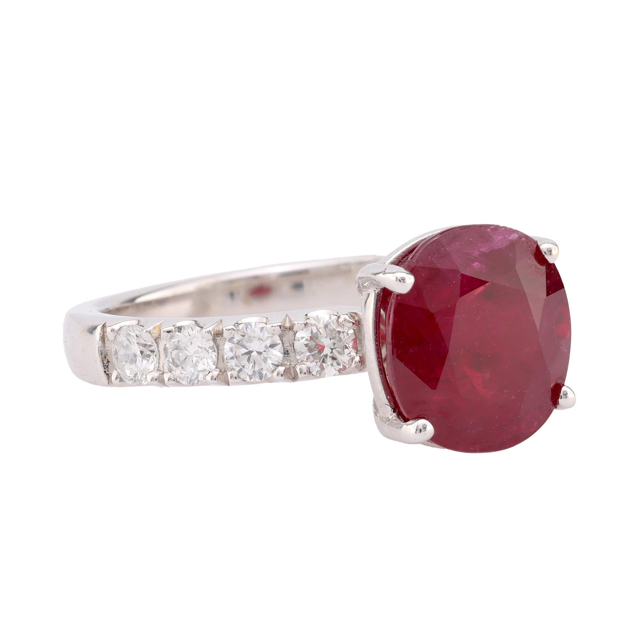 Modern Confident GIA 3.7 carat oval cut ruby diamond 18k white gold ring