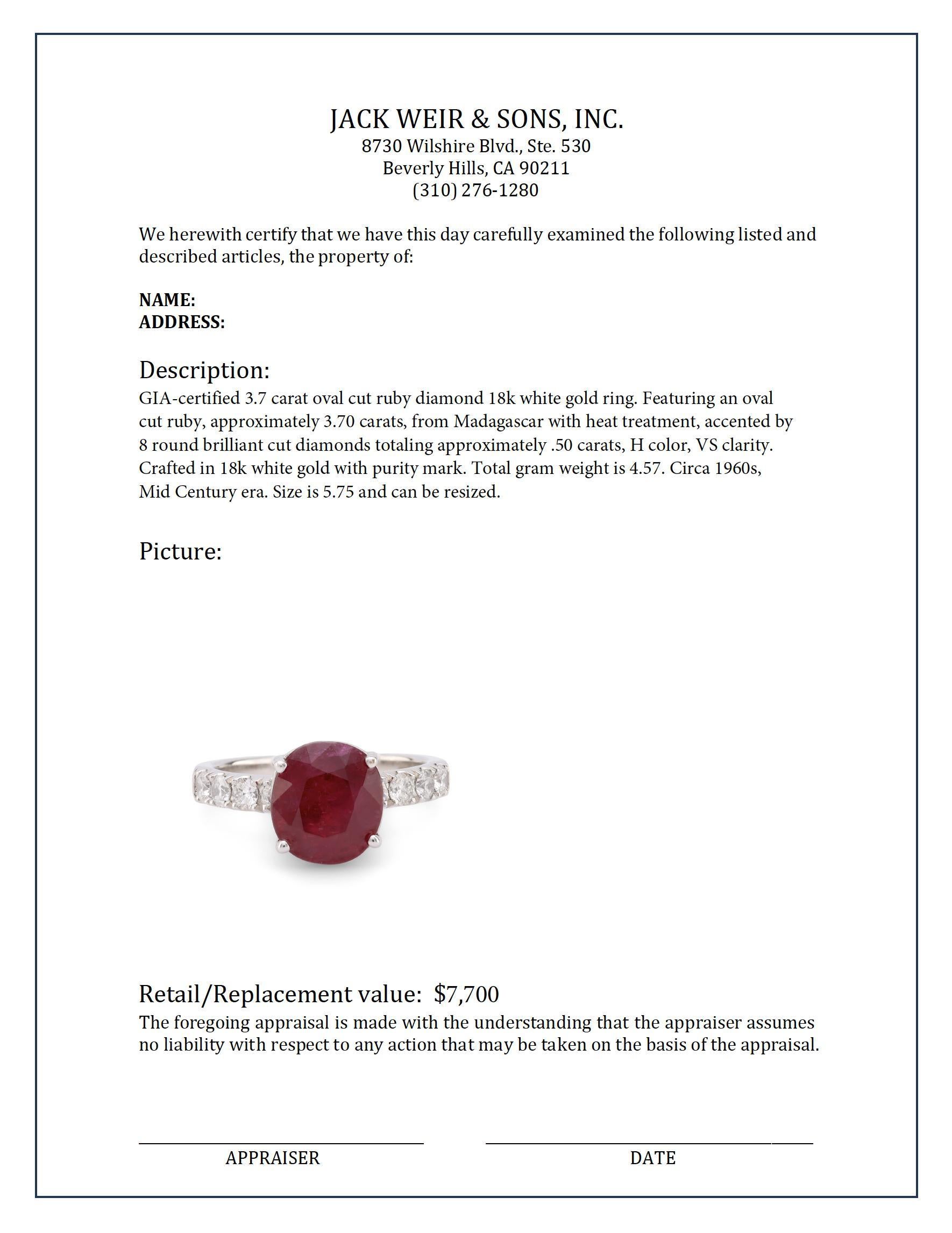 Women's or Men's Confident GIA 3.7 carat oval cut ruby diamond 18k white gold ring