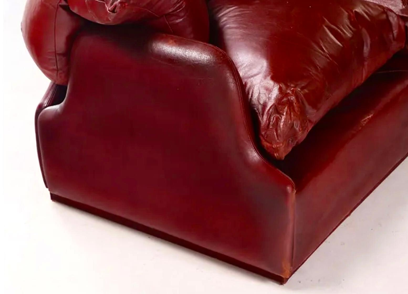 Confidential 2-seat sofa, Cordovan Leather, Alberto Rosselli for Saporiti Italy, 1972.

Original leather appears to have the shine, feel and variation in deep oxblood color that is typical of cordovan. Leather upholstered sofa with loose cushions