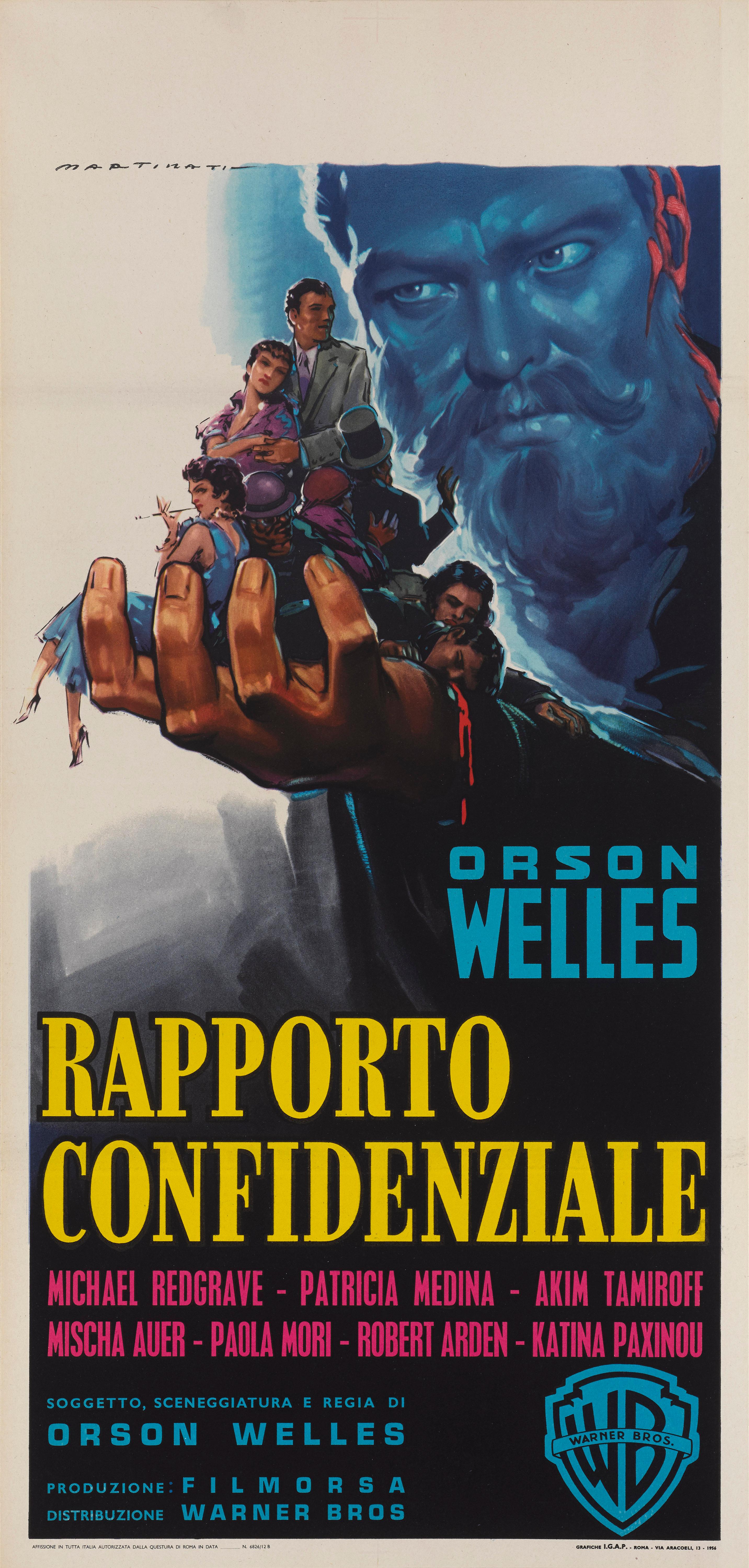 Locandina originale del film noir del 1955 diretto da Orson Welless. Questa locandina, di dimensioni tali da essere utilizzata fuori dal cinema, è esposta in una teca di vetro. Questa meravigliosa opera d'arte su questo poster è di Luigi Martinati