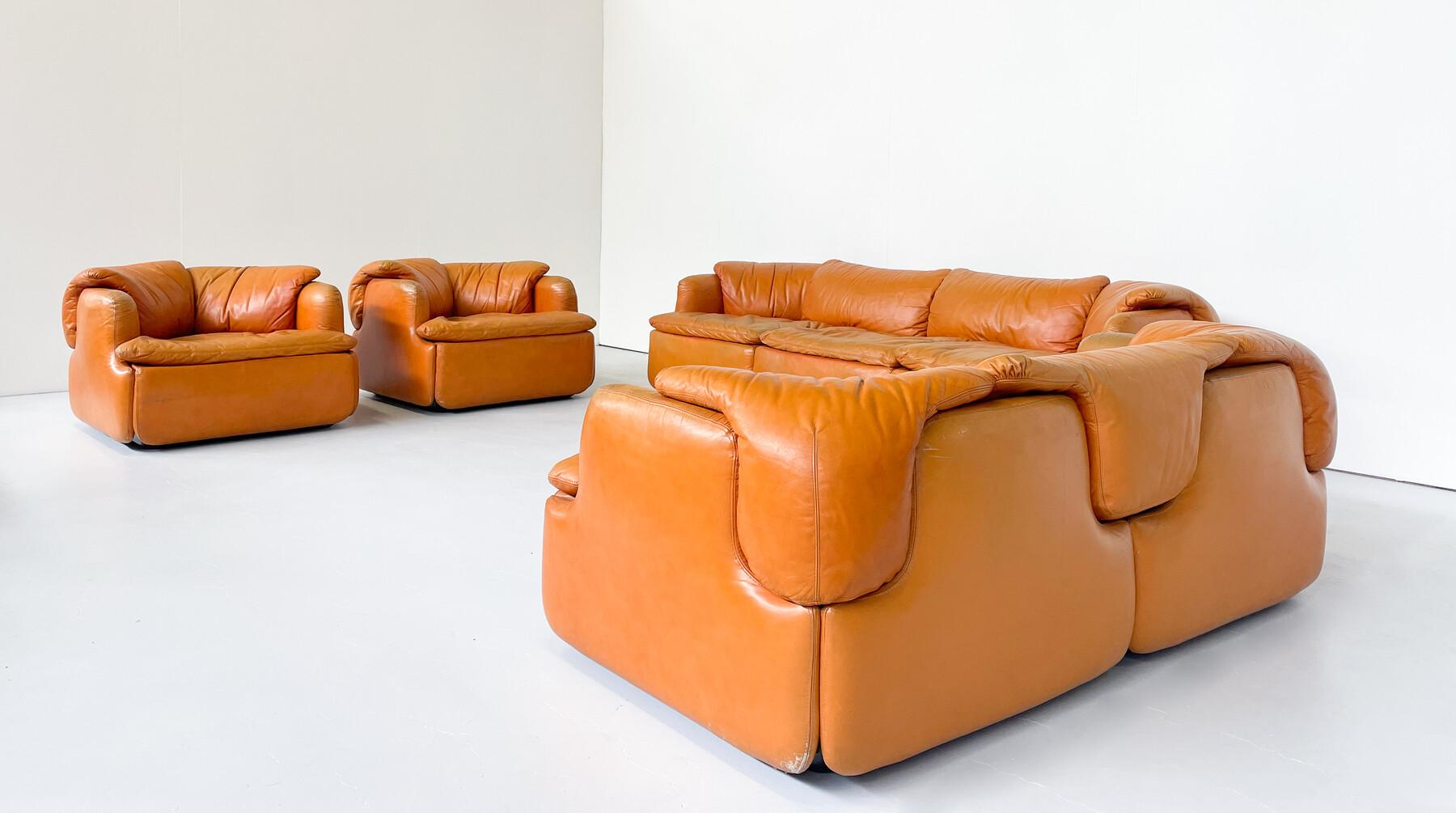 Vertrautes Sitzmöbel-Set von Alberto Rosselli für Saporiti, cognacfarbenes Leder, Italien im Angebot 6