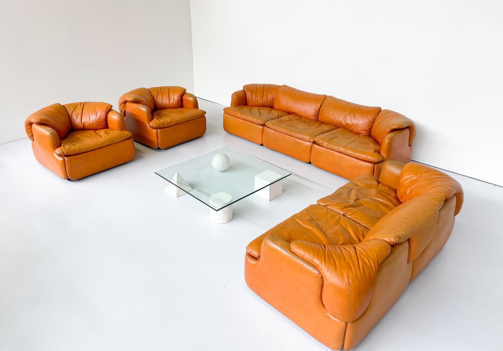 Confidential Seating Set by Alberto Rosselli for Saporiti, Cognac Leather, Italy For Sale 9