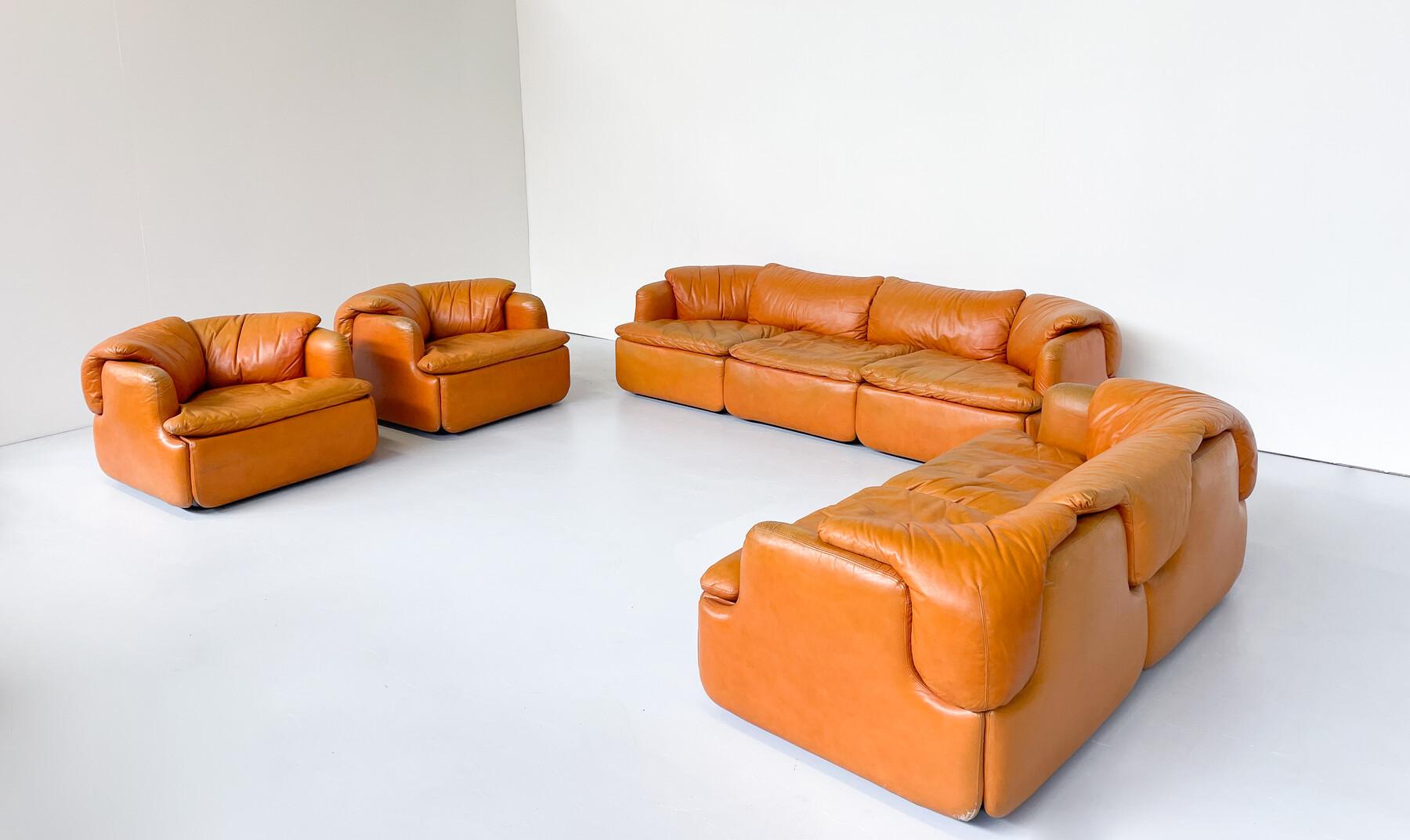 Vertrautes Sitzmöbel-Set von Alberto Rosselli für Saporiti, cognacfarbenes Leder, Italien im Angebot 10