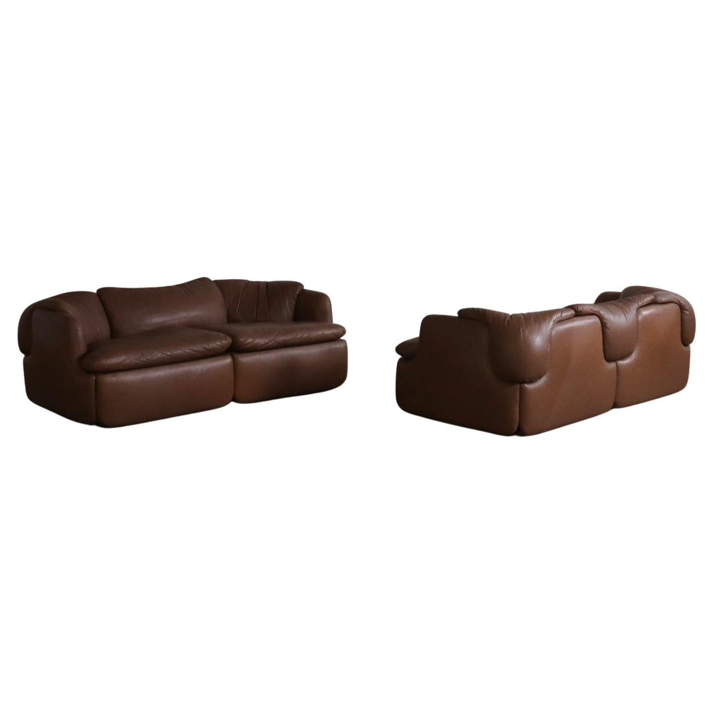 Confidential sofa in brown leather by Alberto Rosselli for Saporiti, Italy 1970s