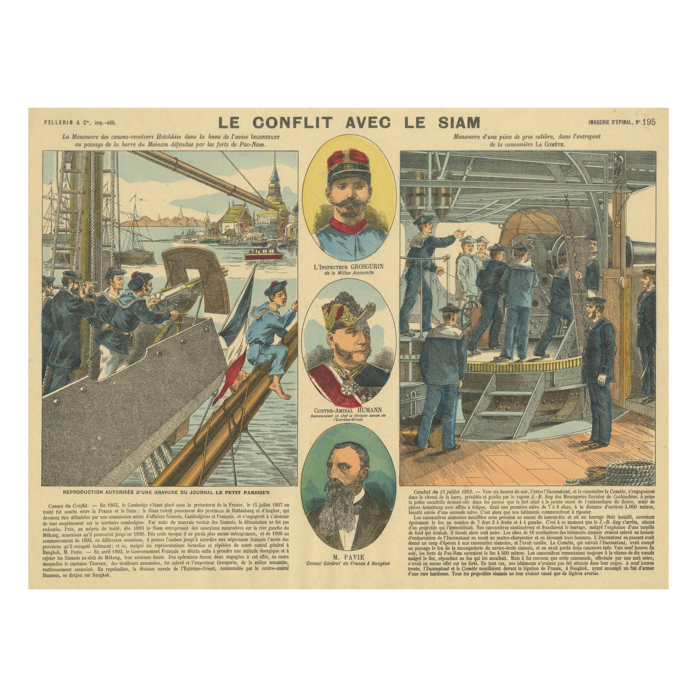 Konflikt mit Siam, eine französische Seefahrtsszene, Épinal-Kolonialdruck, 1893